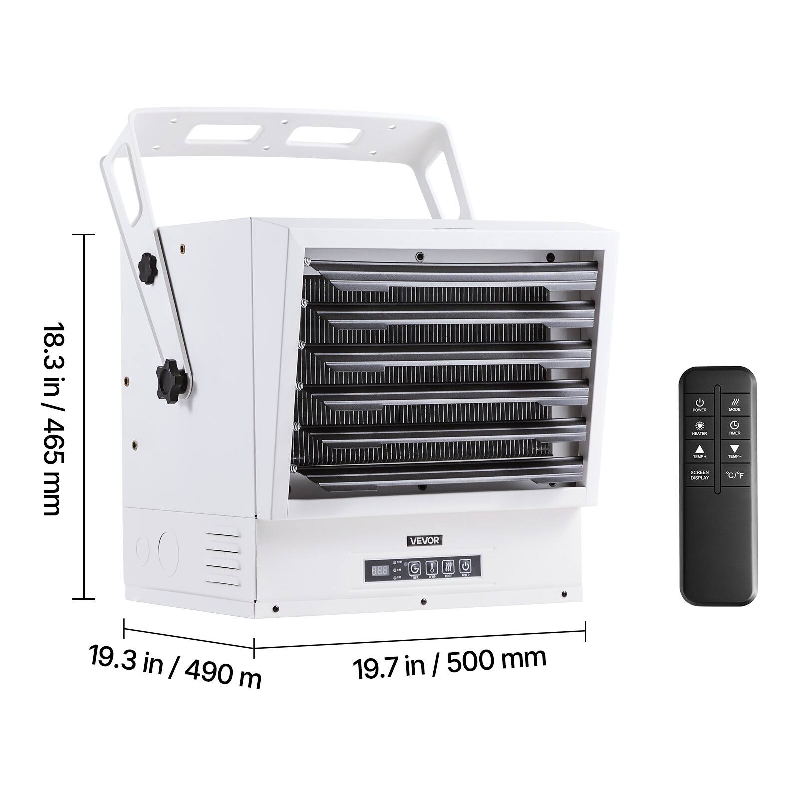 18.3 in / 465 mm  
19.3 in / 490 mm  
19.7 in / 500 mm  

VEVOR  
POWER HEATER  
TO PY SCREEN DISPLAY  

it WOX TMEX THP- C/F
