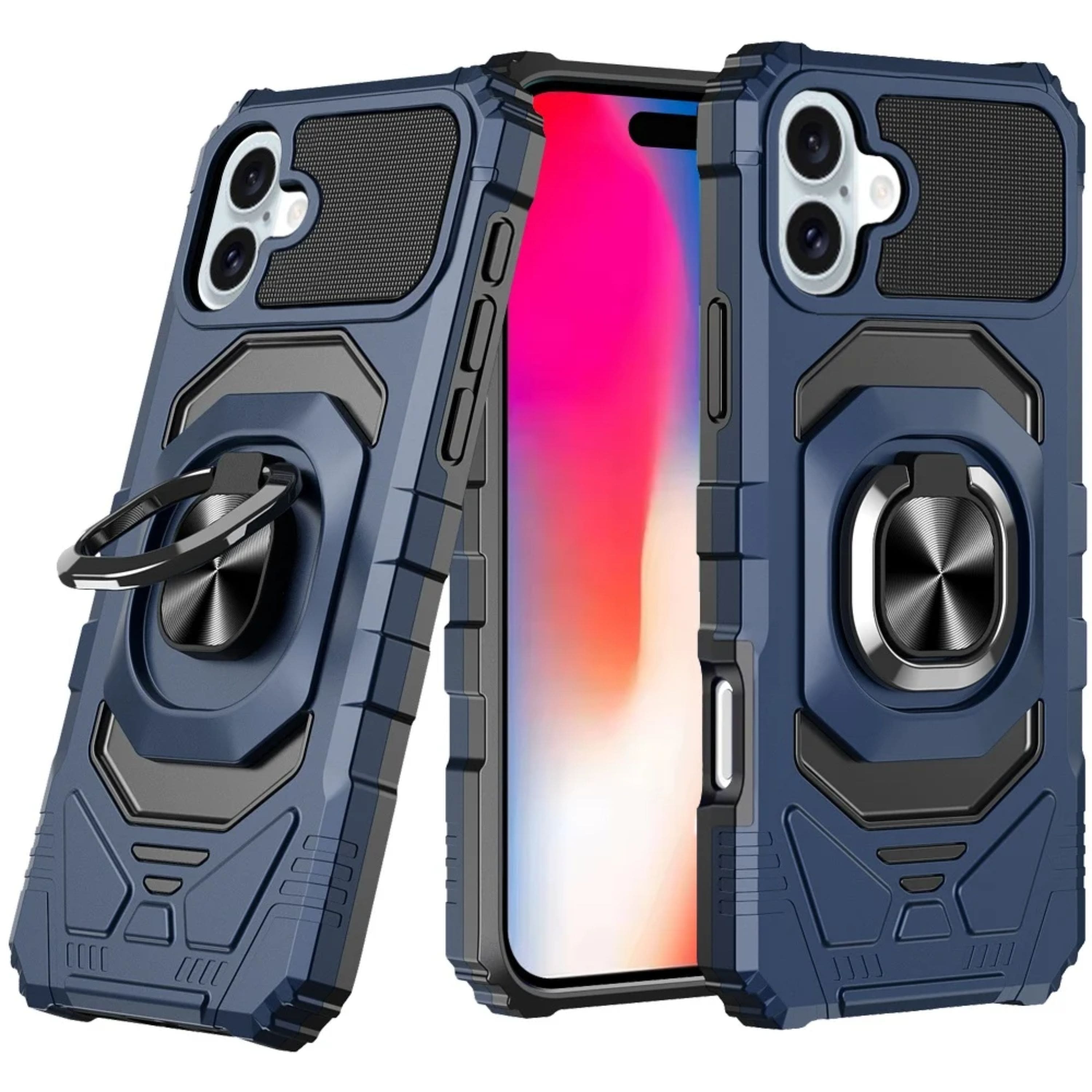 Kitcheniva - Dual Layer Magnetic Ring Stand Case With Tempered Glass For iPhone 16 - Dark Blue price history on PriceWatchPro