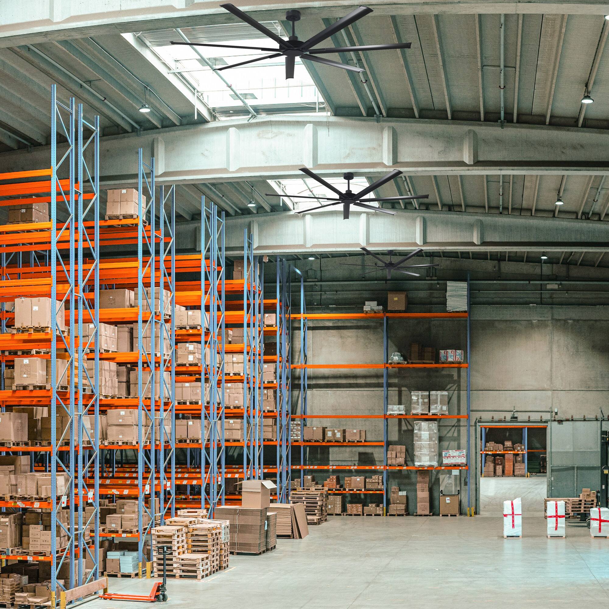 Left. Parrot Uncle - 100" Industrial Indoor Outdoor Remote Ceiling Fan without Light for Shop Garage, Reversible DC Motor, 7 Aluminum Blades - Matte Black.