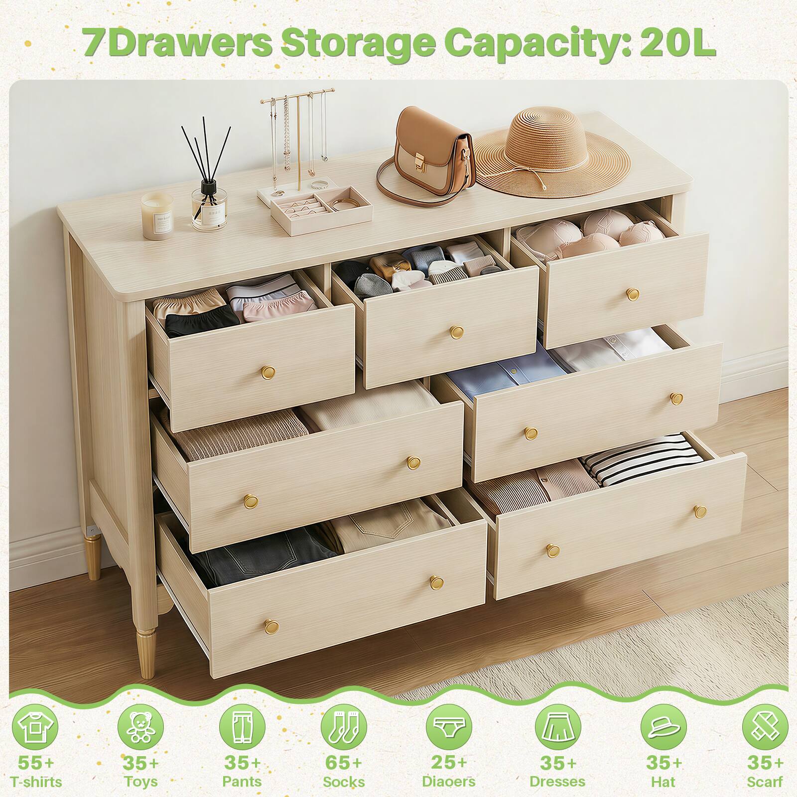 7 Drawers Storage Capacity: 20L

- 55+ T-shirts
- 35+ Toys
- 35+ Pants
- 65+ Socks
- 25+ Diapers
- 35+ Dresses
- 35+ Hat
- 35+ Scarf