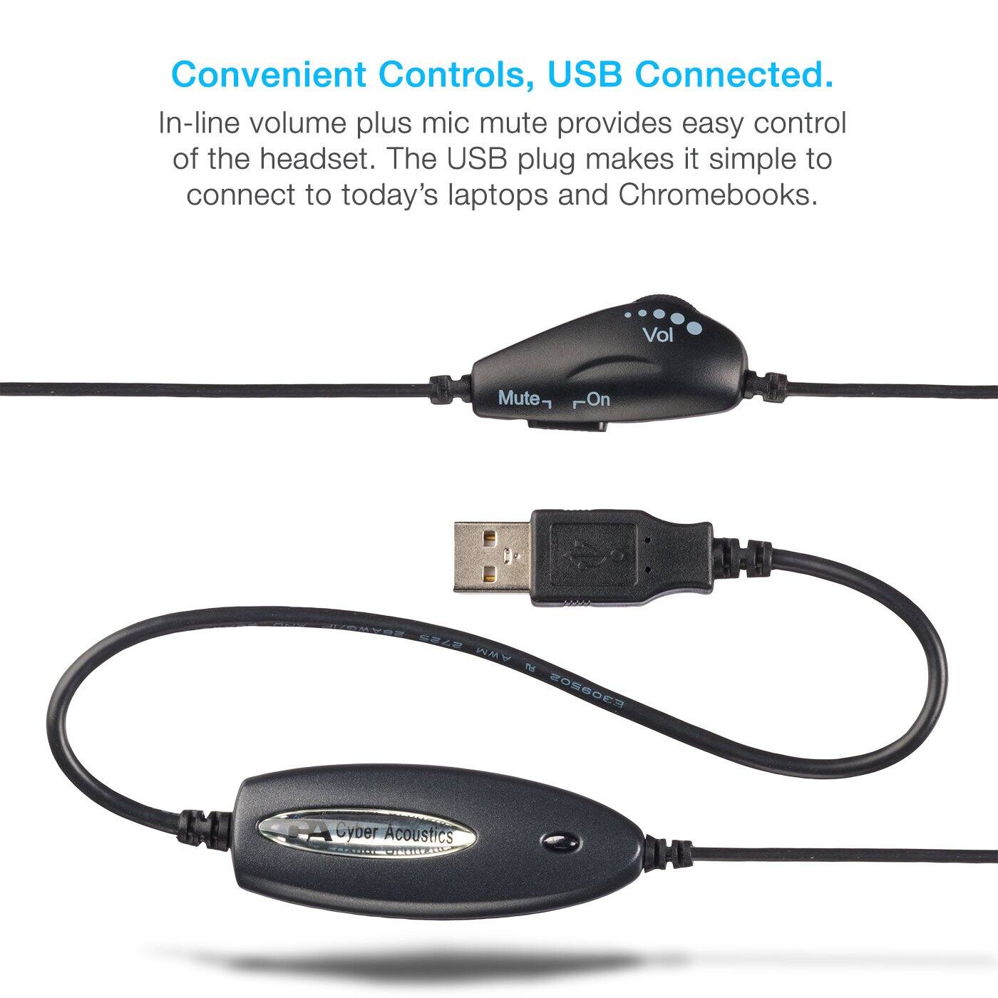 Convenient Controls, USB Connected.  
In-line volume plus mic mute provides easy control of the headset. The USB plug makes it simple to connect to today's laptops and Chromebooks.  

Vol Mute - On  
S42 AWM Te 20S8OER  
Cyber Acoustics  
I TIMAIIO