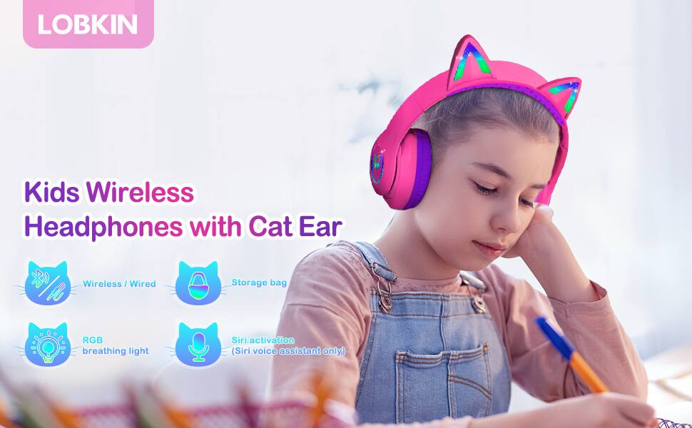 LOBKIN A Kids Wireless Headphones with Cat Ear Wireless / Wired, Storage bag, RGB breathing light, Siri activation (Siri voice assistant only)