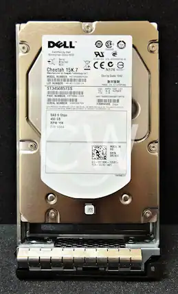DELL
Certified by Dell Enterprise Class HDD
Serial E145123
STX-ST36000875S (R)
Attached SCSI
Cheetah 15K.7
N176 D33027 by Seagate Technology Int'l
MODEL NUMBER ST3450857SS+
Config Code 1342
LOT NUMBER -01-1133-1
MADE IN SINGAPORE
ST3450857SS
VoC AMPS CSO LOT
+5 e.9 NUMBER +12 1.0
PART NUMBER *9FM266-150
N:5eC50028FFAA70
LWN AA70
SERIAL NUMBER 35K26E7Z
FIRMWARE ES64
ACTURED UNDER ONE OR MORE PATENTS
THE UNITED STATES OWNED OR LICENSED BY SEAGATE TECHNOLOGY LLC
SAS 6 Gbps
450 GB
RPM 15K
F/W ES64
SG-OR749K-12531