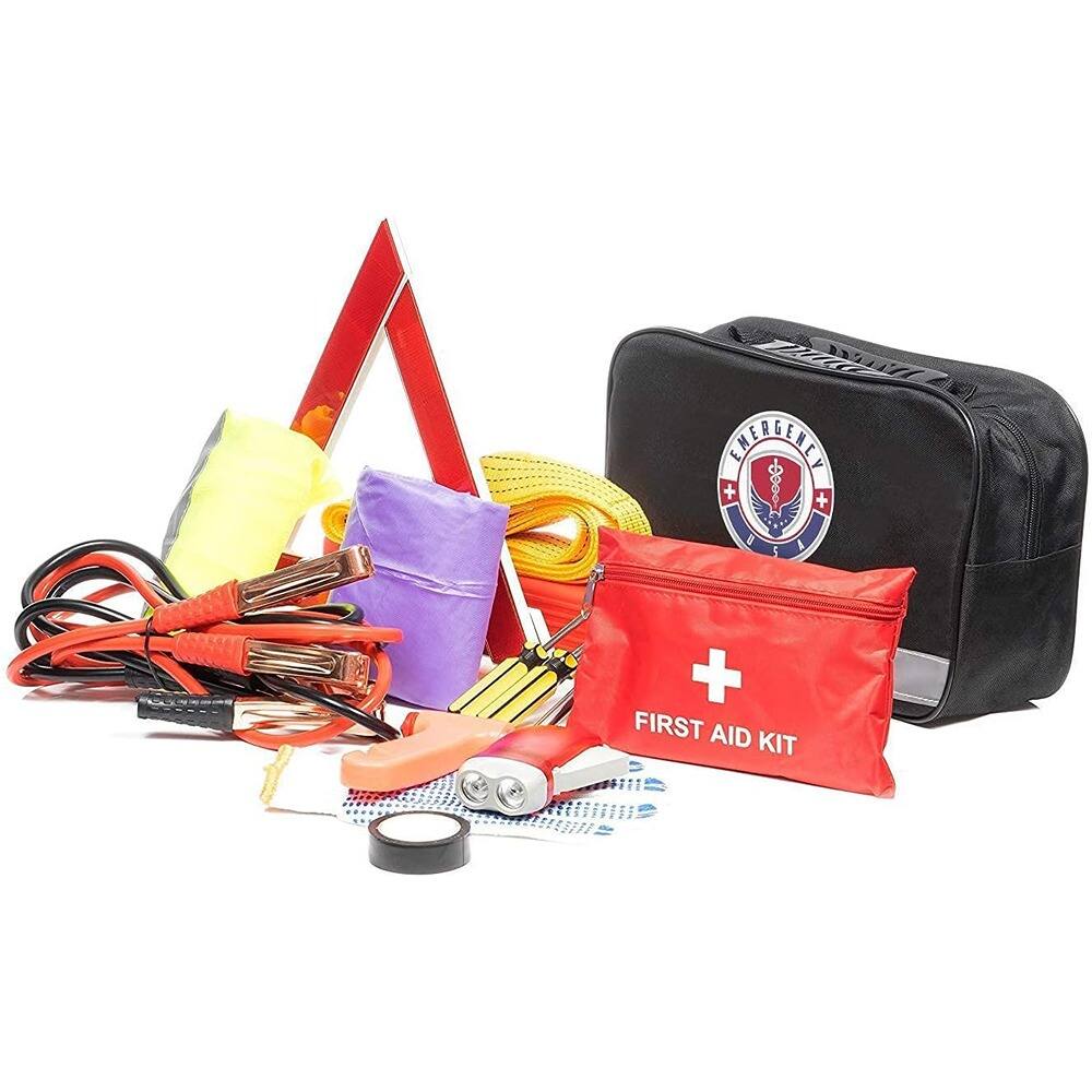 The text on the image can be grouped and corrected as follows:

- "FIRST AID KIT"
- "EMERGENCY" (on the black bag)