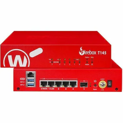 Firebox T145
Status Attn
Mode SS SSG- 2.5G
1G 10G 90M/100M
10G 1G
2.5G
12VDC
O/WAN 1/LAN 2 3 4 5
Reset 2.5A