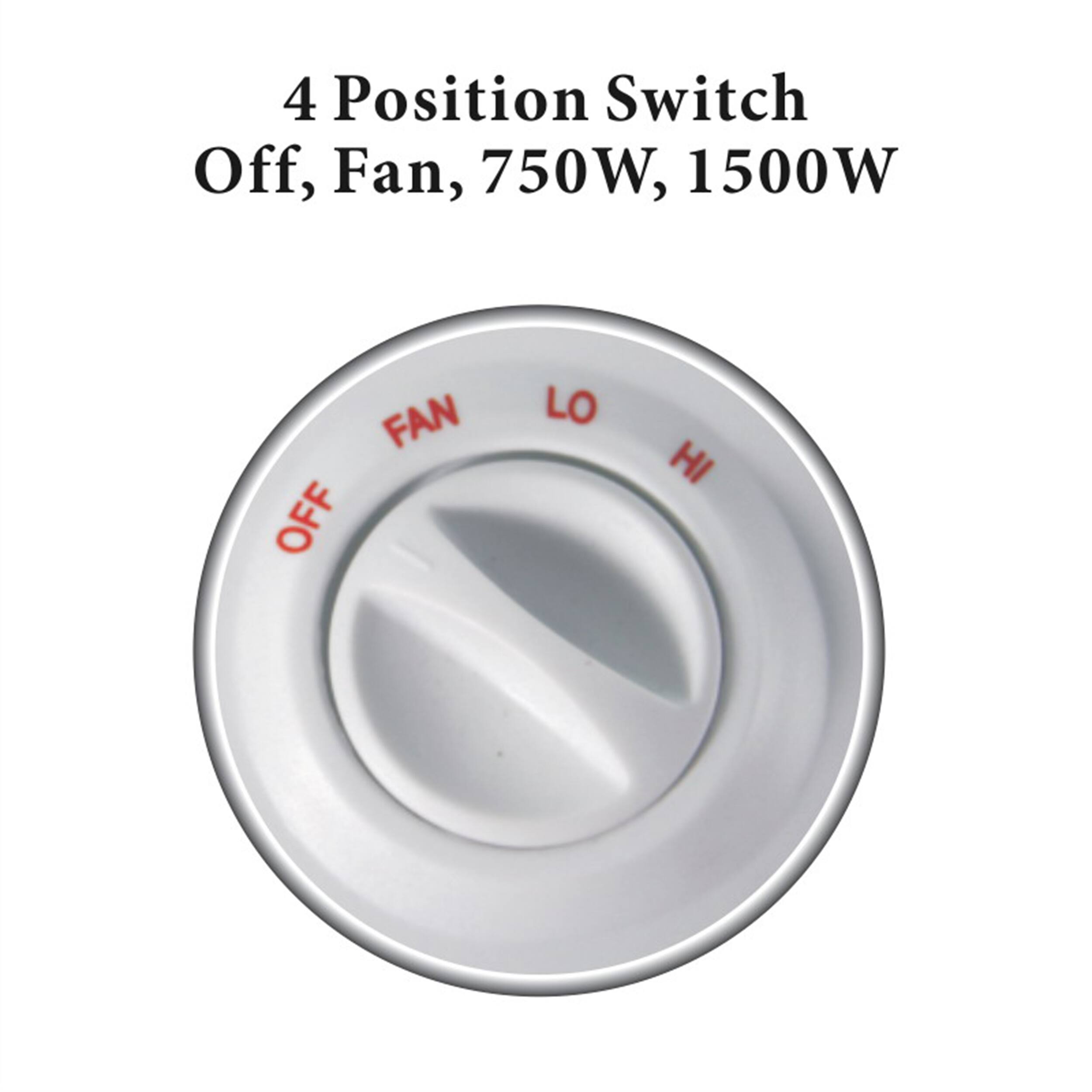 4 Position Switch Off, Fan, 750W, 1500W
FAN OFF LO HI