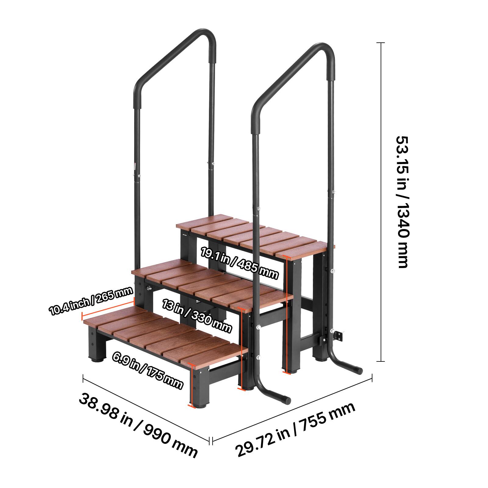 - 19.1 in / 485 mm
- 10.4 in / 265 mm
- 13 in / 330 mm
- 6.9 in / 175 mm
- 38.98 in / 990 mm
- 29.72 in / 755 mm
- 53.15 in / 1340 mm