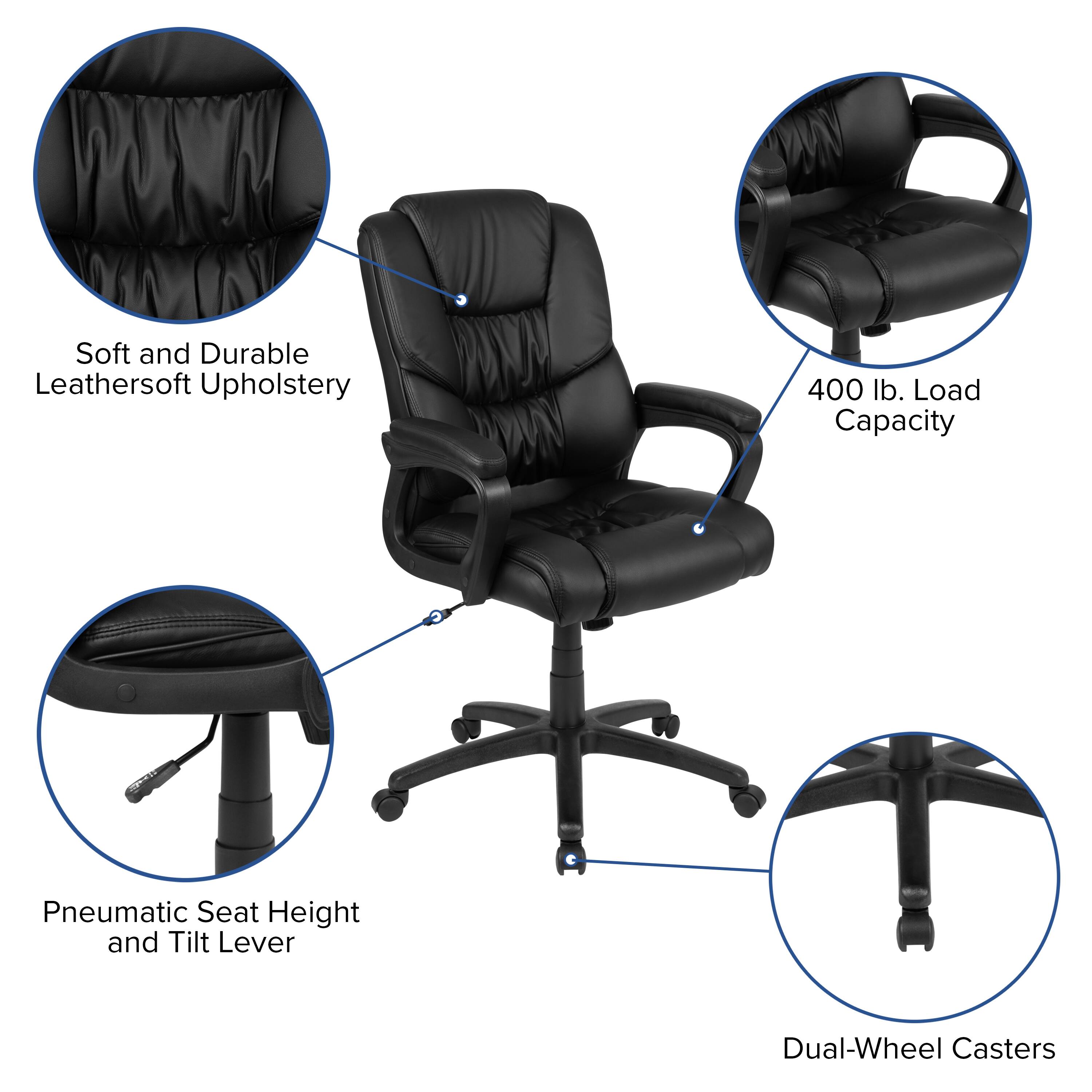 Soft and Durable Leathersoft Upholstery  
400 lb. Load Capacity  
Pneumatic Seat Height and Tilt Lever  
Dual-Wheel Casters