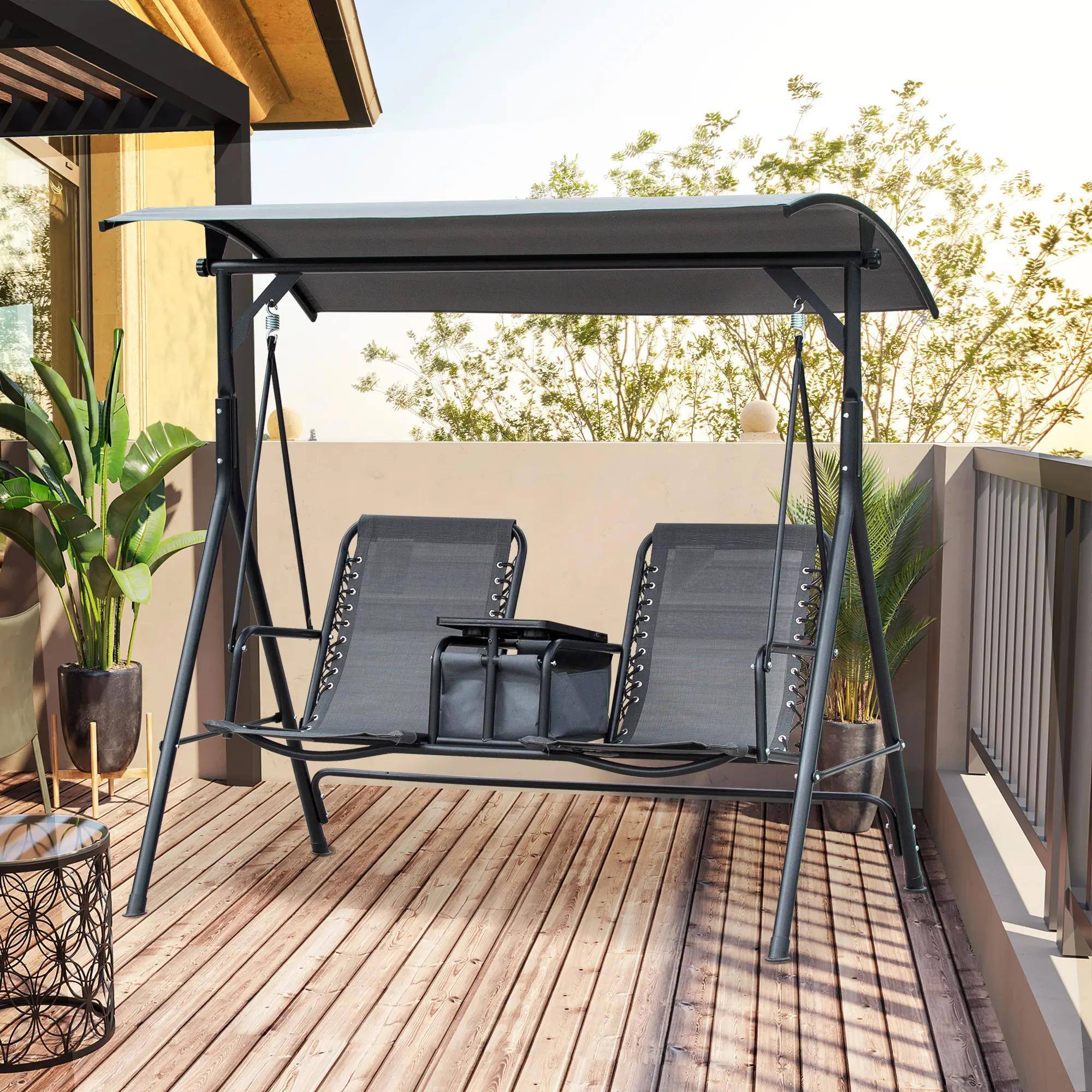Alt View 10. Resenkos - Resenkos 2-Person Swing With Canopy, Storage, Cup Holder, Blue, Outdoor Porch Seating, Gray.