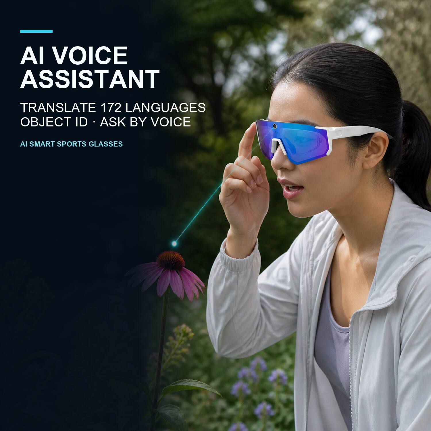 AI Voice Assistant  
Translate 172 Languages  
Object ID • Ask by Voice  
AI Smart Sports Glasses