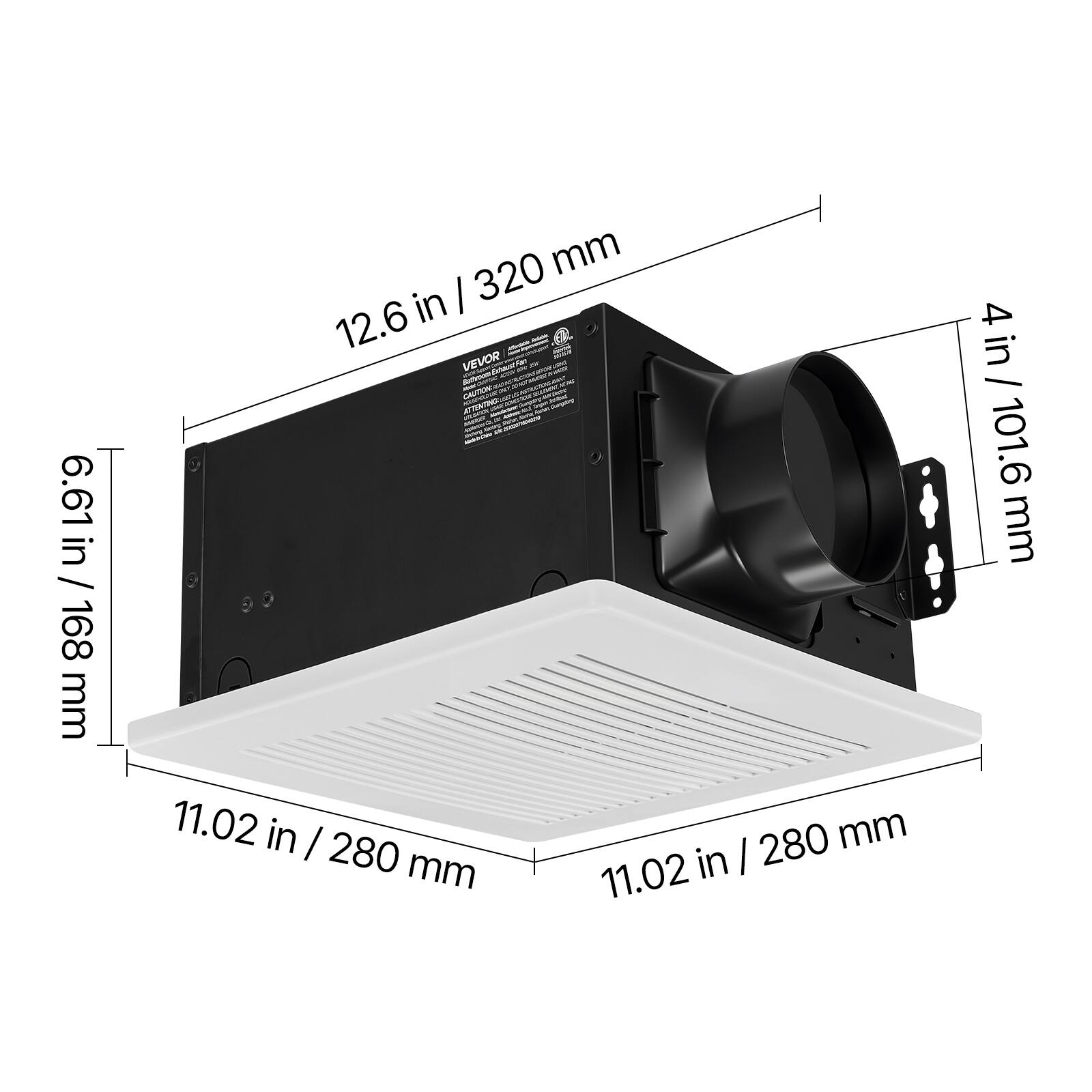6.61 in / 168 mm  
12.6 in / 320 mm  
11.02 in / 280 mm  
4 in / 101.6 mm
