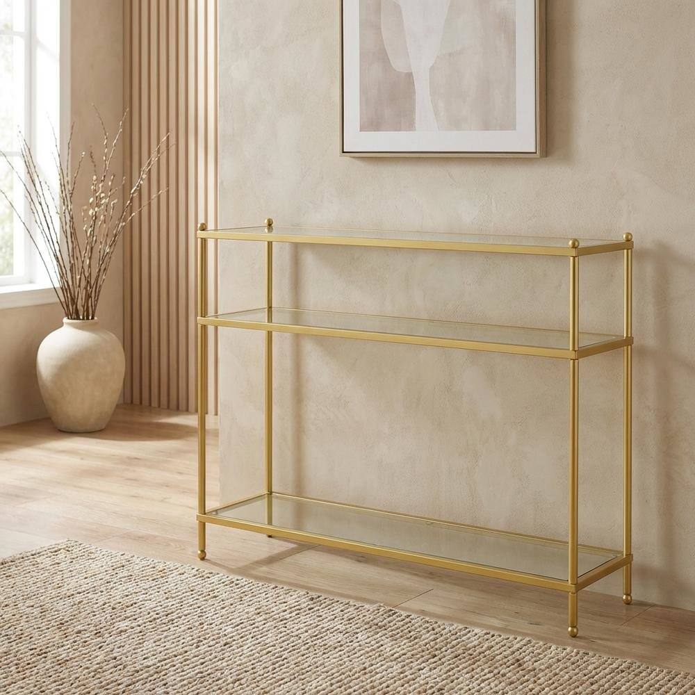 Alt View 1. FurniFact - Glass console table with three tiers, modern design for versatile use - Glass/Gold.