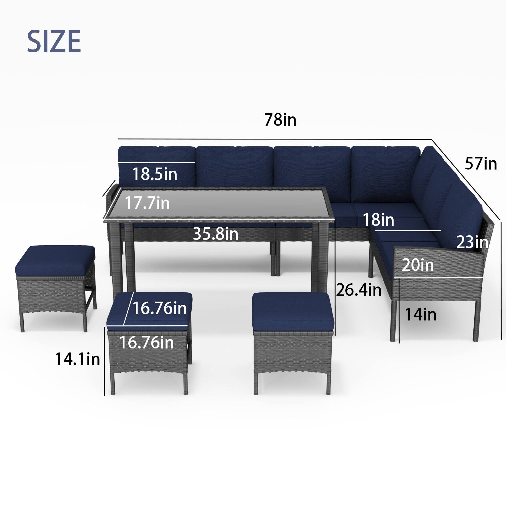 SIZE  
78in  
57in  
18.5in  
17.7in  
35.8in  
18in  
23in  
26.4in  
14in  
16.76in  
14.1in  
20in