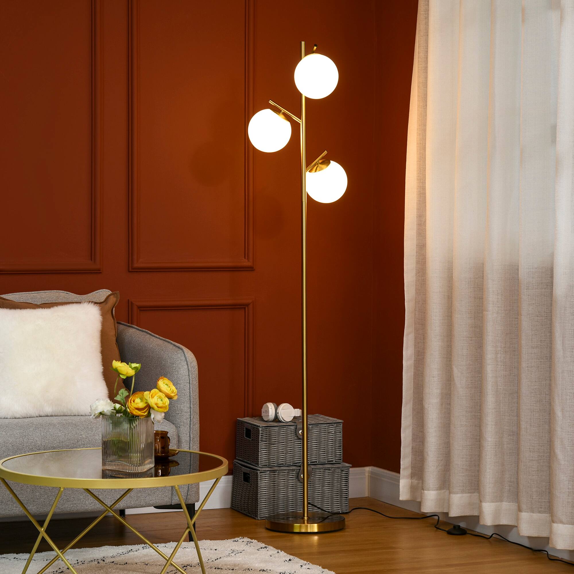Alt View 1. Homcom - Modern 3-Light Floor Lamp for Living Room, Tree Standing Lamp with Globe Lampshades - Gold tone, white.