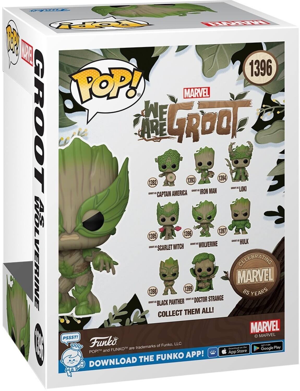 Fappy RR O LRE 1396 POP! MARVEL WE GROOT ARE 1396 GROOT AS AMERICA 1392 -GROOT AS IRON MAN 1393 -GROOT AS LOKI CAPTAIN 1394 MTL 1395 -GROOT AS HULK -GROOT AS WOLVERINE -GROOT AS SCARLET WITCH CELEBRATING VERINE -GROOT AS BLACK PANTHER 1398 -GROOT AS DOCTOR STRANGE ALL! MARVEL 85 YEARS COLLECT THEM MARVEL PSSST! MARVEL  I arr: Funko trademarks of Funko, LLC a the GETTON Play FUNKOT are Bownload Google POPI and App Store FUNKO APP! DOWNLOAD THE