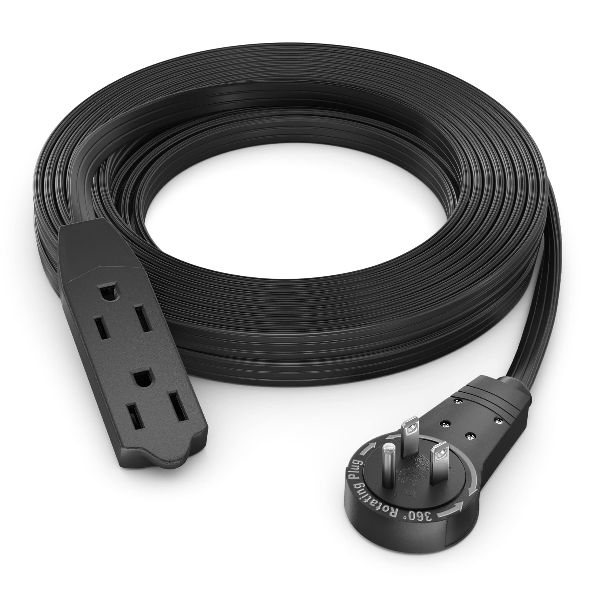 Maximm - 15 Ft 360° Rotating Flat Plug Extension Cord / Wire, 16 AWG Multi 3 Outlet, 3 Prong Grounded Wire - UL Certified - Black