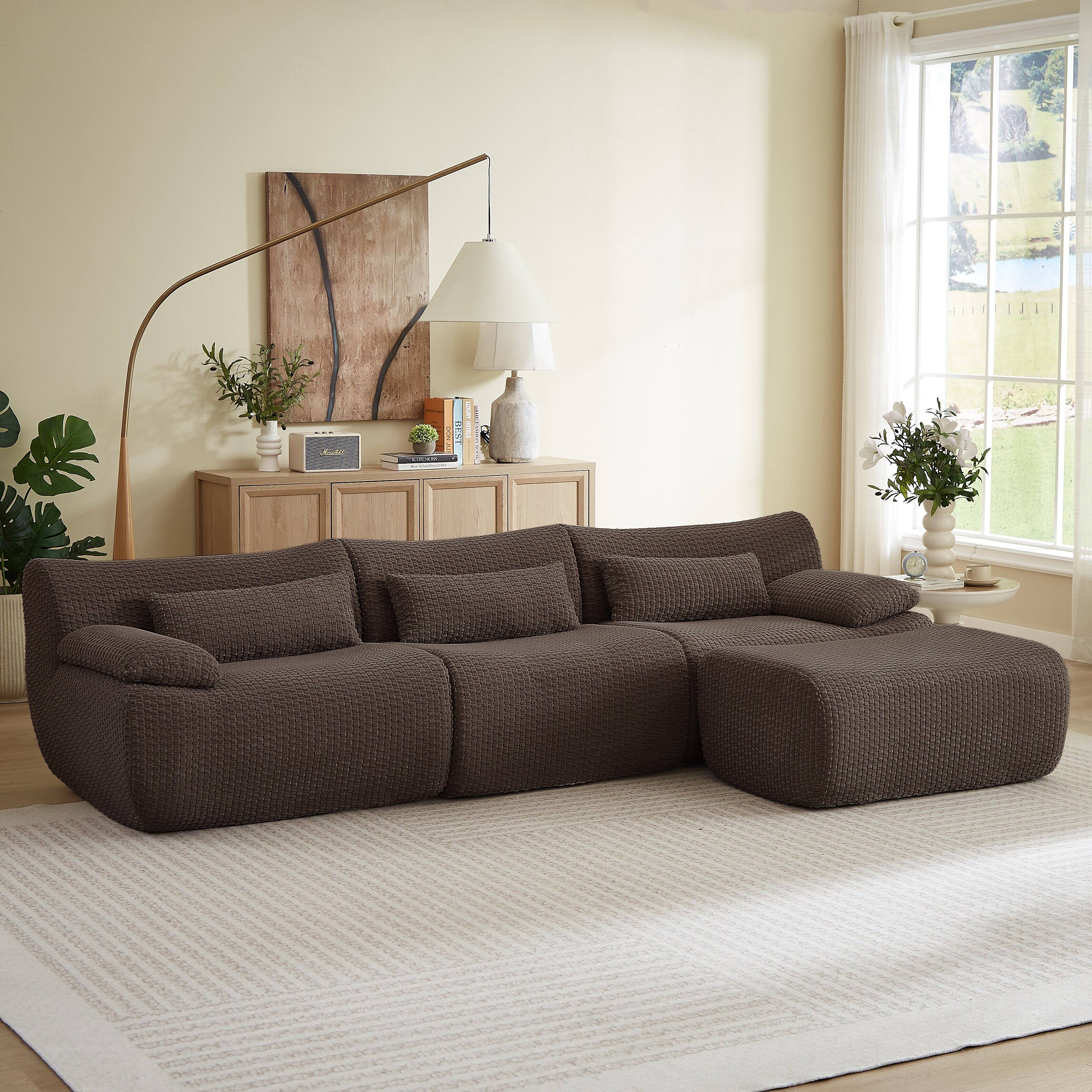 Back. Anysun - 4 Seat L Shaped Modular Sectional Sofa with Cloud Comfort, Corduroy Fabric & No Assembly for Living Room - Brown.