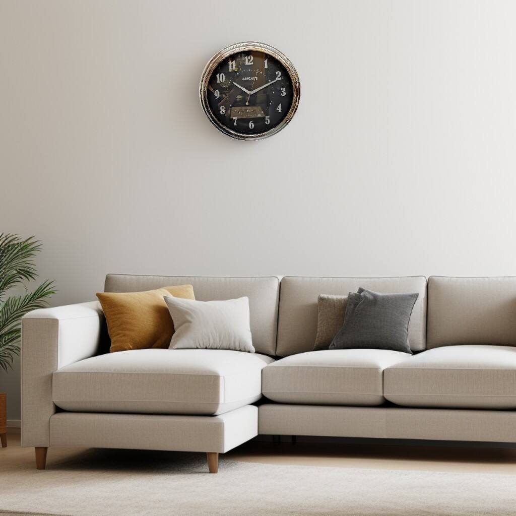Angle. FC Design - 14"H Silver Classic Round Black Dial Wall Clock - Elegant Decor - Multicolor.