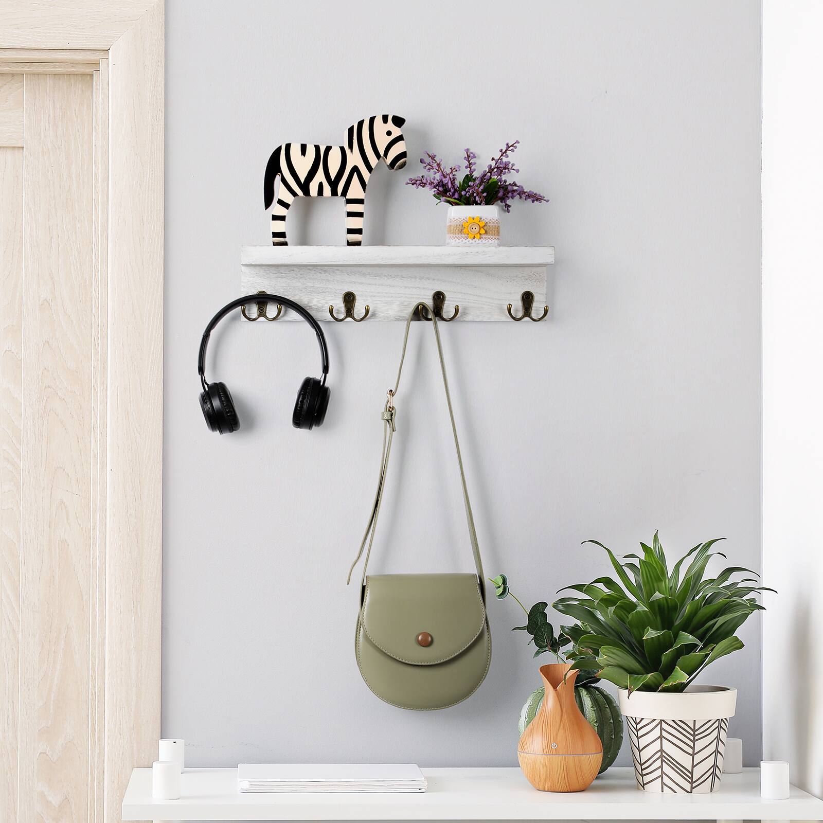 Alt View 1. Oumilen - 2 Pack Gray Wood Floating Wall Shelf with 4 Antique Double Prong Hooks - White.