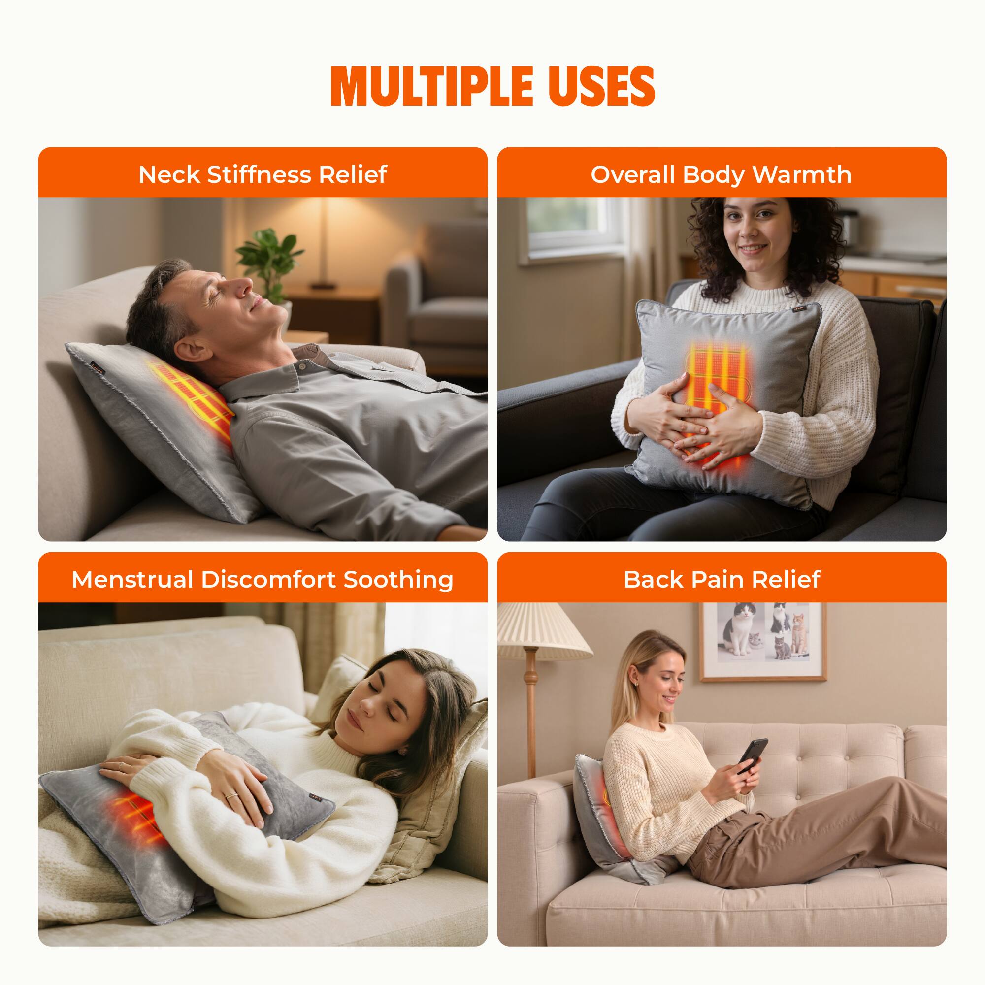 MULTIPLE USES

- Neck Stiffness Relief
- Overall Body Warmth
- Menstrual Discomfort Soothing
- Back Pain Relief