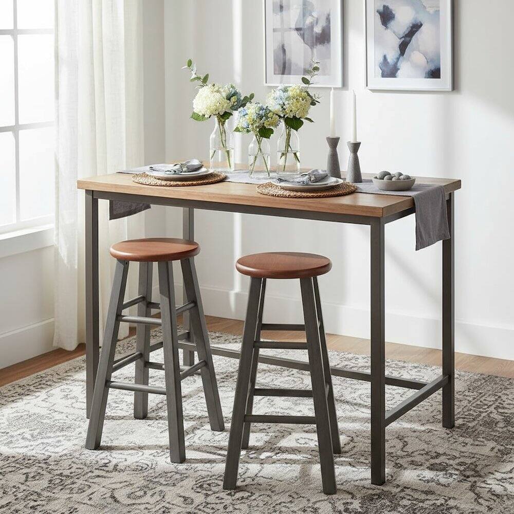 Alt View 1. FurniFact - 24" Solid Wood Counter Stool, Weathered Gray/Rustic Teak Finish - Rustic Gray / Teak.