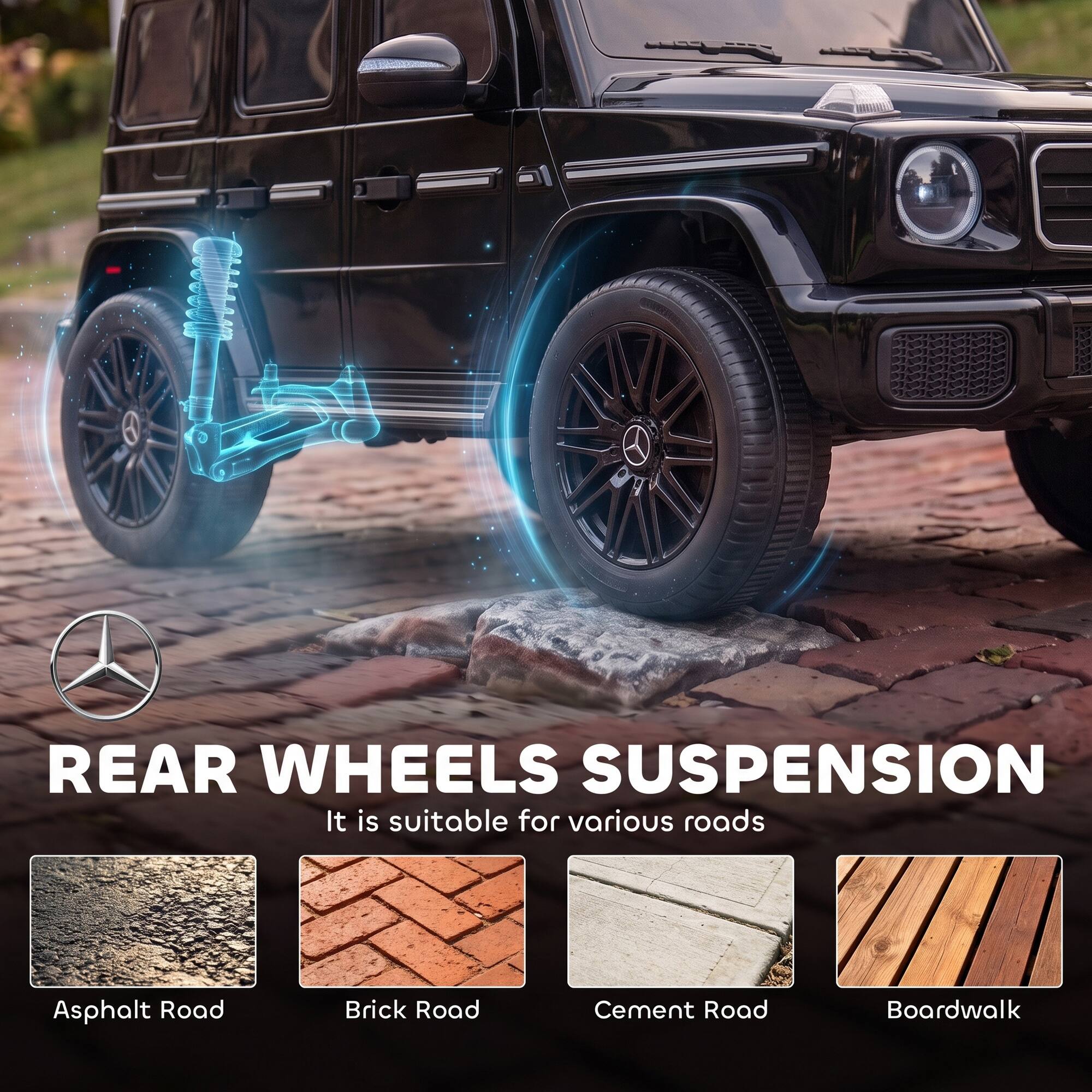 REAR WHEELS SUSPENSION  
It is suitable for various roads  
Asphalt Road  
Brick Road  
Cement Road  
Boardwalk