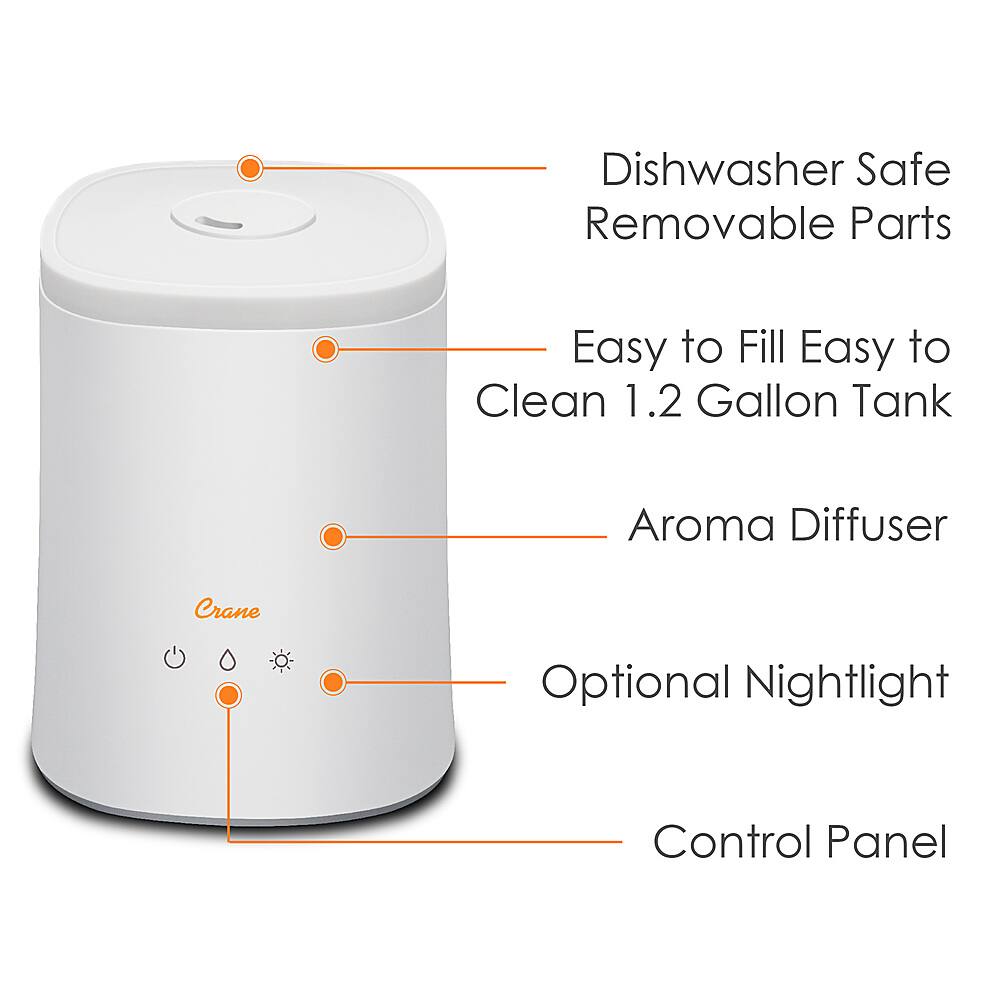 Back. CRANE - 1.2 Gal. Cool Mist Humidifier & Aroma Diffuser - White.