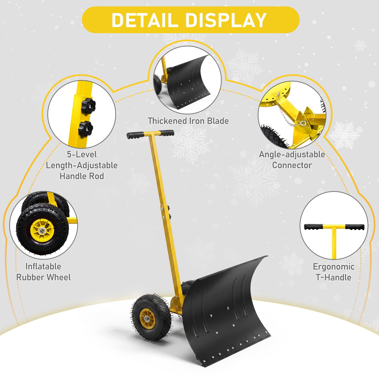 DETAIL DISPLAY

- Thickened Iron Blade
- 5-Level Length-Adjustable Handle Rod
- Angle-adjustable Connector
- Inflatable Rubber Wheel
- Ergonomic T-Handle