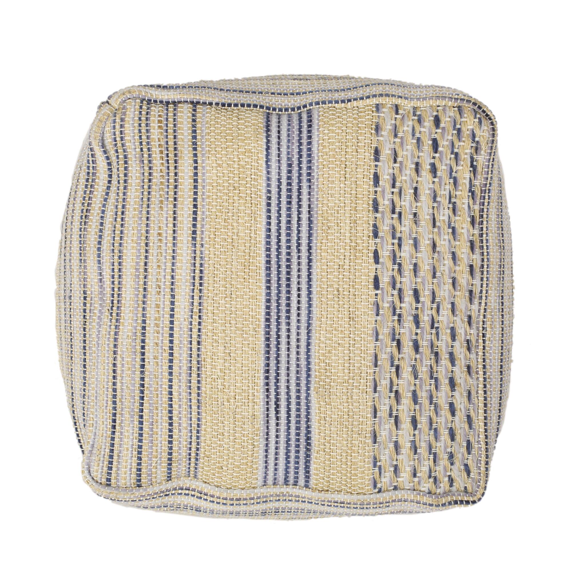 Left. GOODSILO - Handcrafted Fabric Pouf in Natural Blue - Durable Hemp and Wool Blend Square Ottoman - Natural.