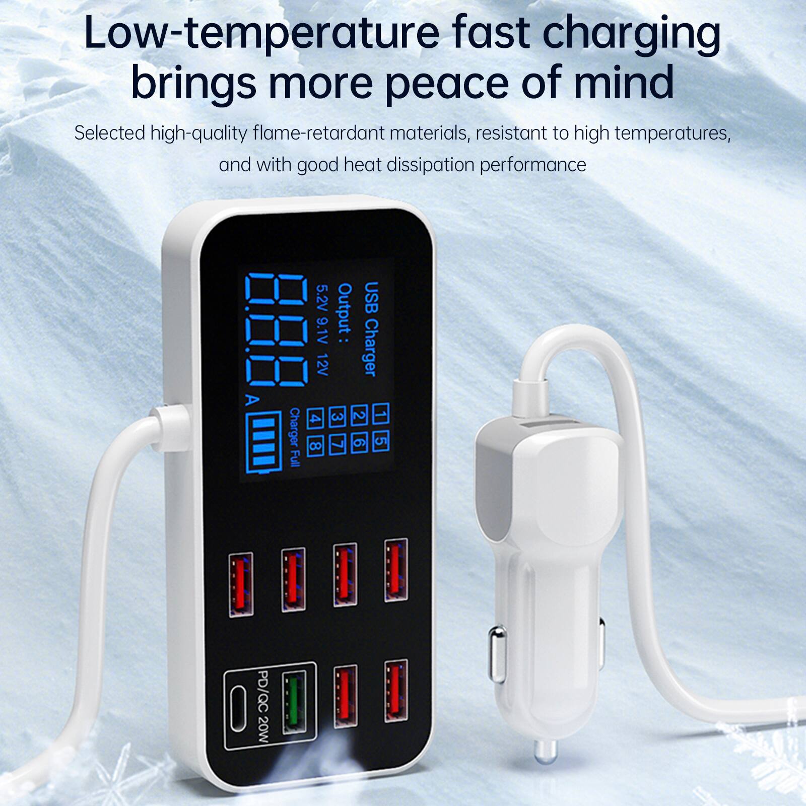Low-temperature fast charging brings more peace of mind

Selected high-quality flame-retardant materials, resistant to high temperatures, and with good heat dissipation performance

A Charger Full 5.2V Output USB 9.1V 12V Charger 4 3 2 1 7 5 8 PD/QC 20W