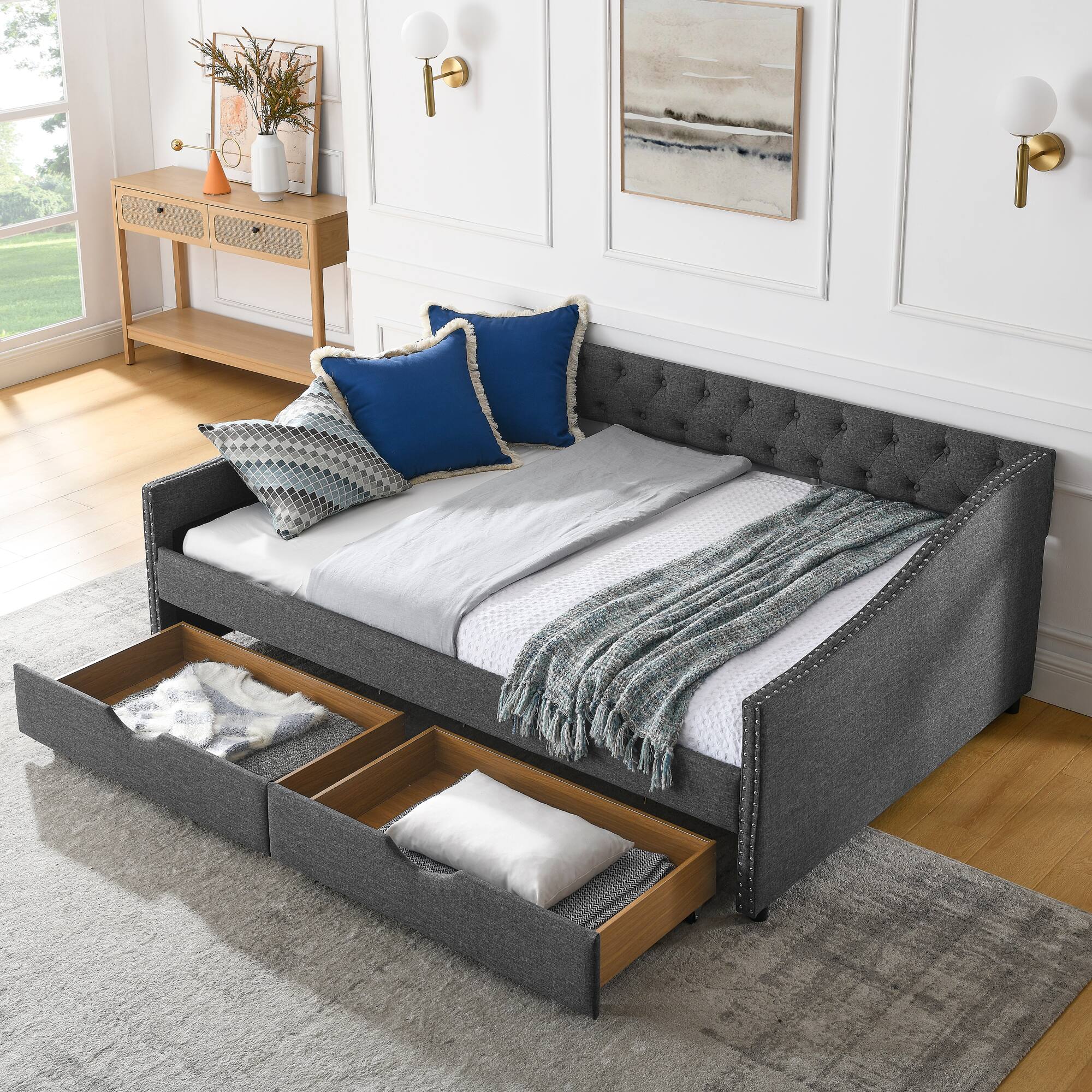 Angle. Tiramisubest - Full Size Daybed with Drawers Upholstered Tufted Sofa Bed, (80.5''x55.5''x27.5'') - DARK GREY.