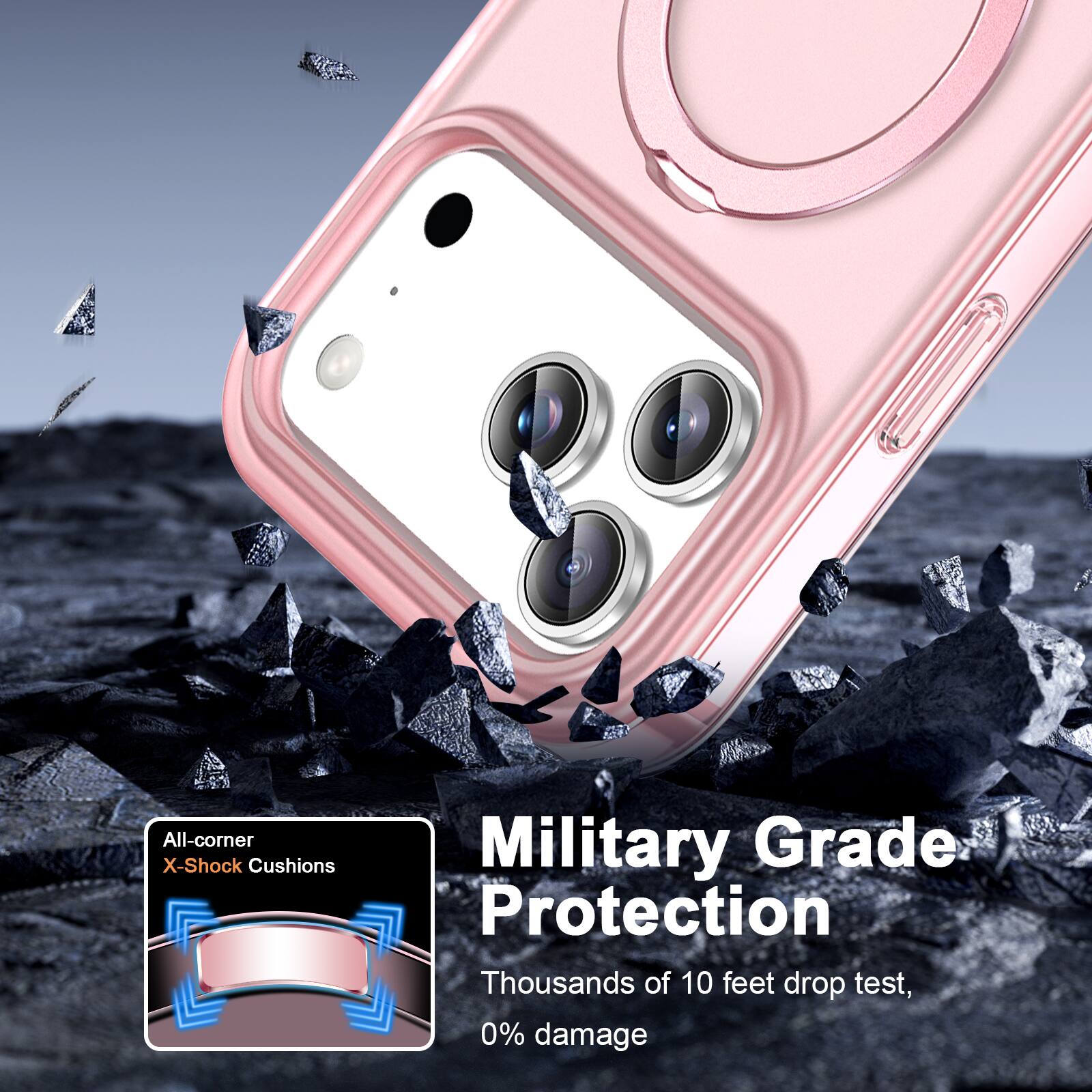 All-corner X-Shock Cushions  
Military Grade Protection  
Thousands of 10 feet drop test, 0% damage