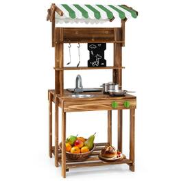 Resenkos - Double-Sided Kids Mud Kitchen with Canopy & Chalkboard - Outdoor Pretend Play for Ages 3+ , Natural