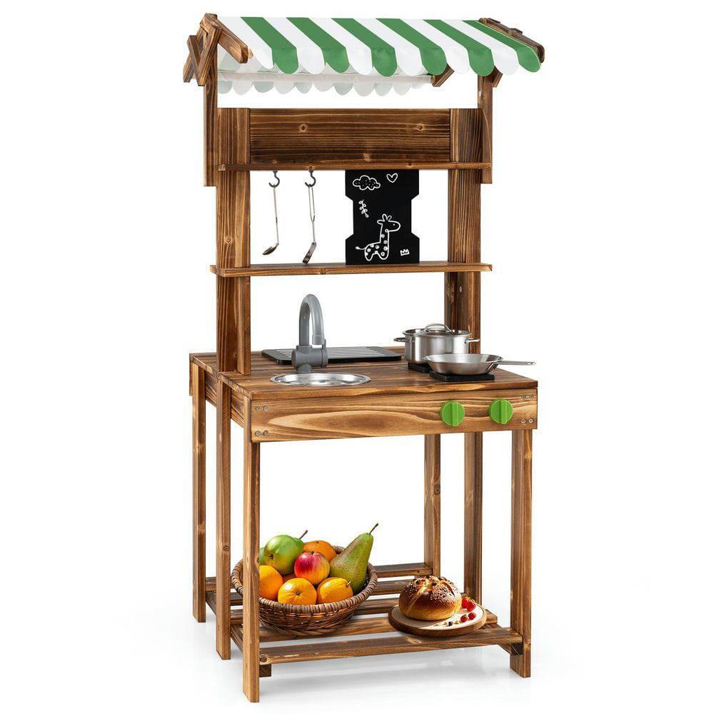 Front. Resenkos - Double-Sided Kids Mud Kitchen with Canopy & Chalkboard - Outdoor Pretend Play for Ages 3+ , Natural.
