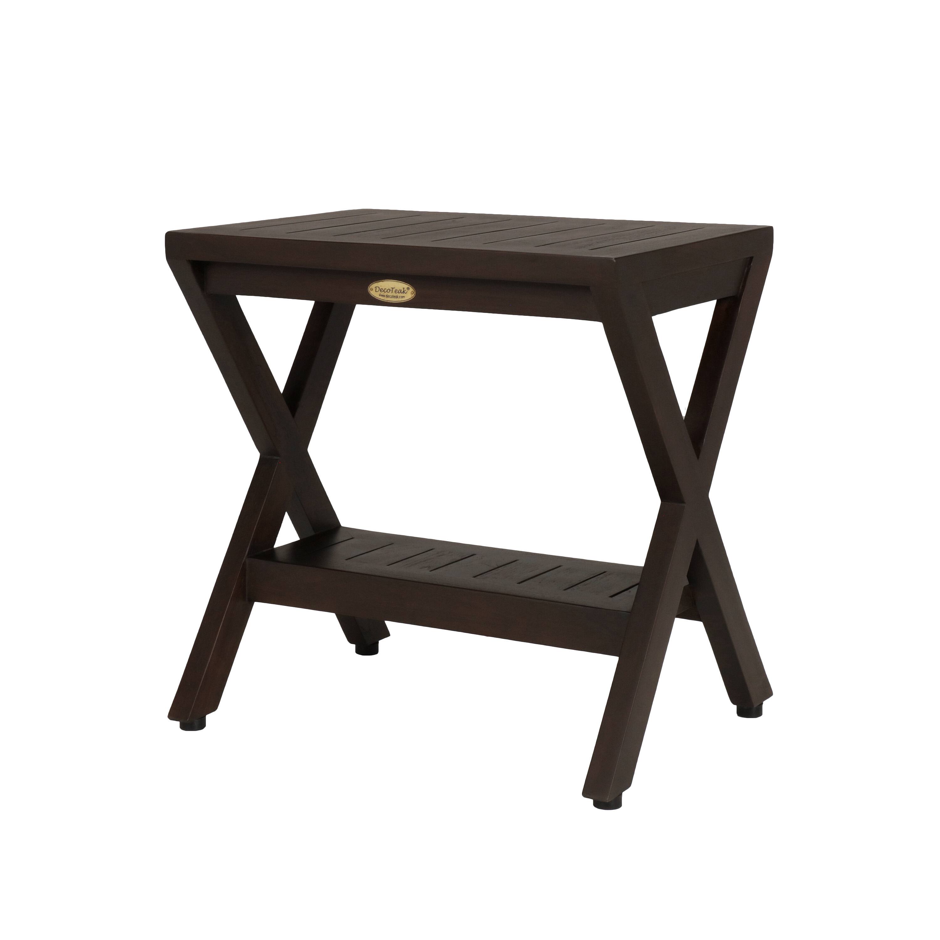 Front. DecoTeak - DecoTeak Obliquity 18" Teak Wood Shower Bench with Shelf in Woodland Brown Finish - Woodland Brown.