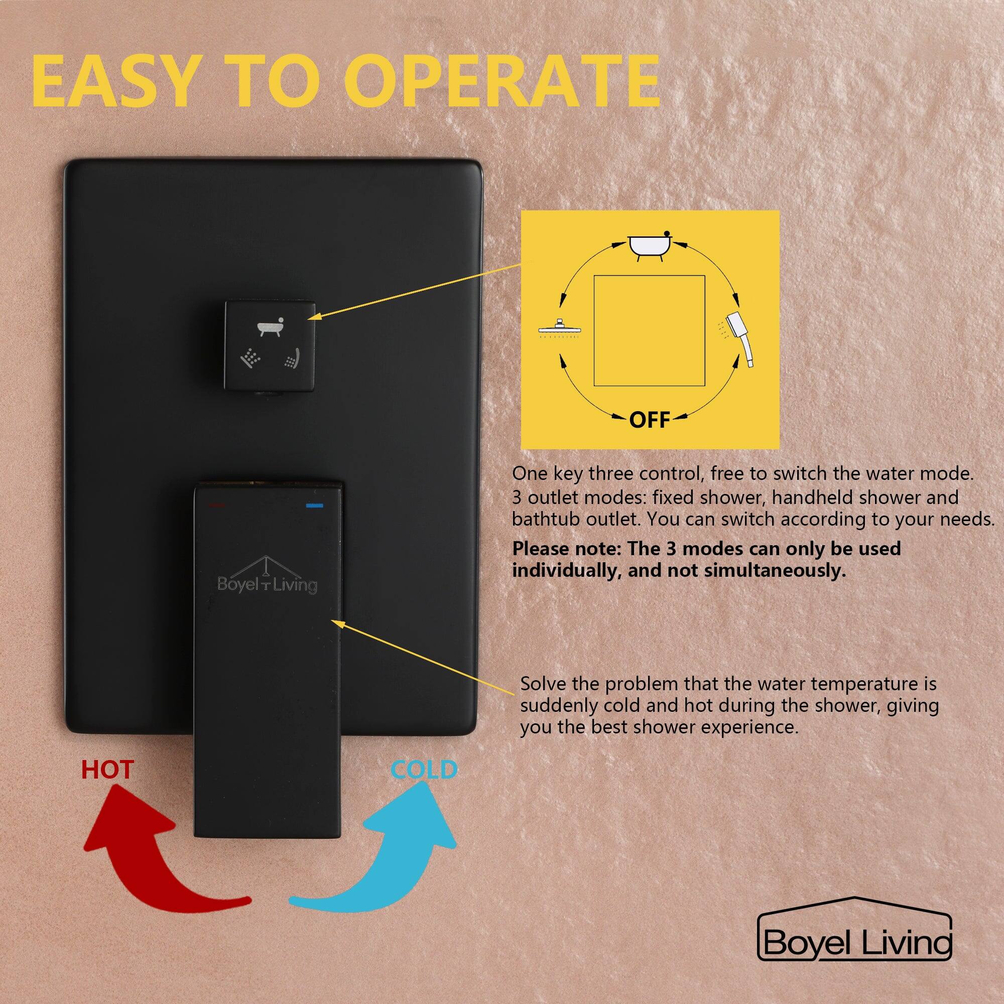 EASY TO OPERATE

Boyel T Living

One key three control, free to switch the water mode.
3 outlet modes: fixed shower, handheld shower and bathtub outlet. You can switch according to your needs.
Please note: The 3 modes can only be used individually, and not simultaneously.
Solve the problem that the water temperature is suddenly cold and hot during the shower, giving you the best shower experience.

HOT COLD

Boyel Living