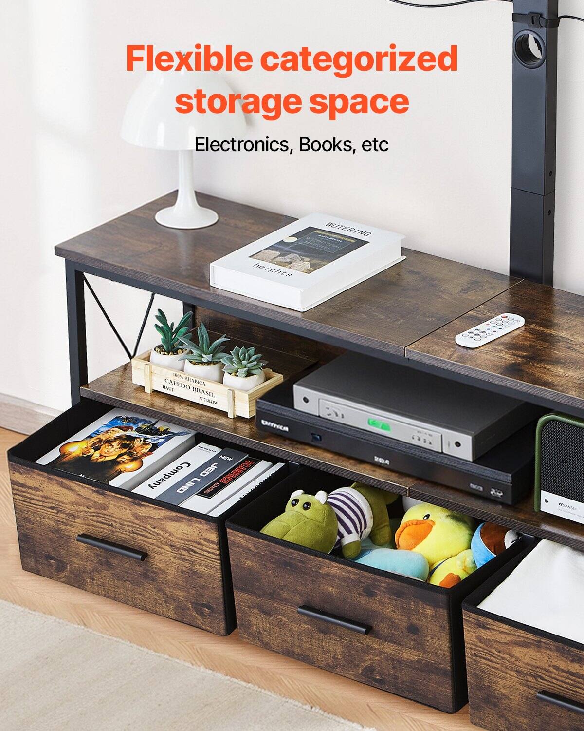 Flexible categorized storage space  
Electronics, Books, etc
