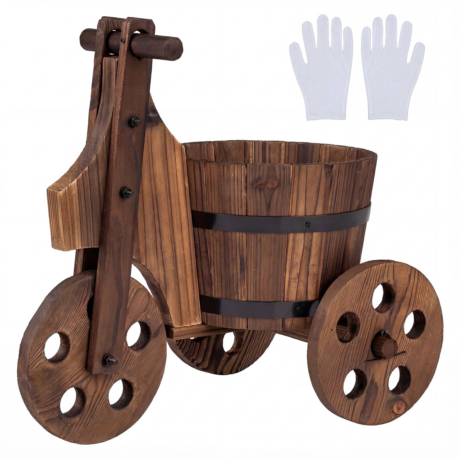 Alt View 9. Gymax - Gymax Rustic Wood Tricycle Planter w/Barrel Pot & Drainage for Patio Balcony Garden - Brown.