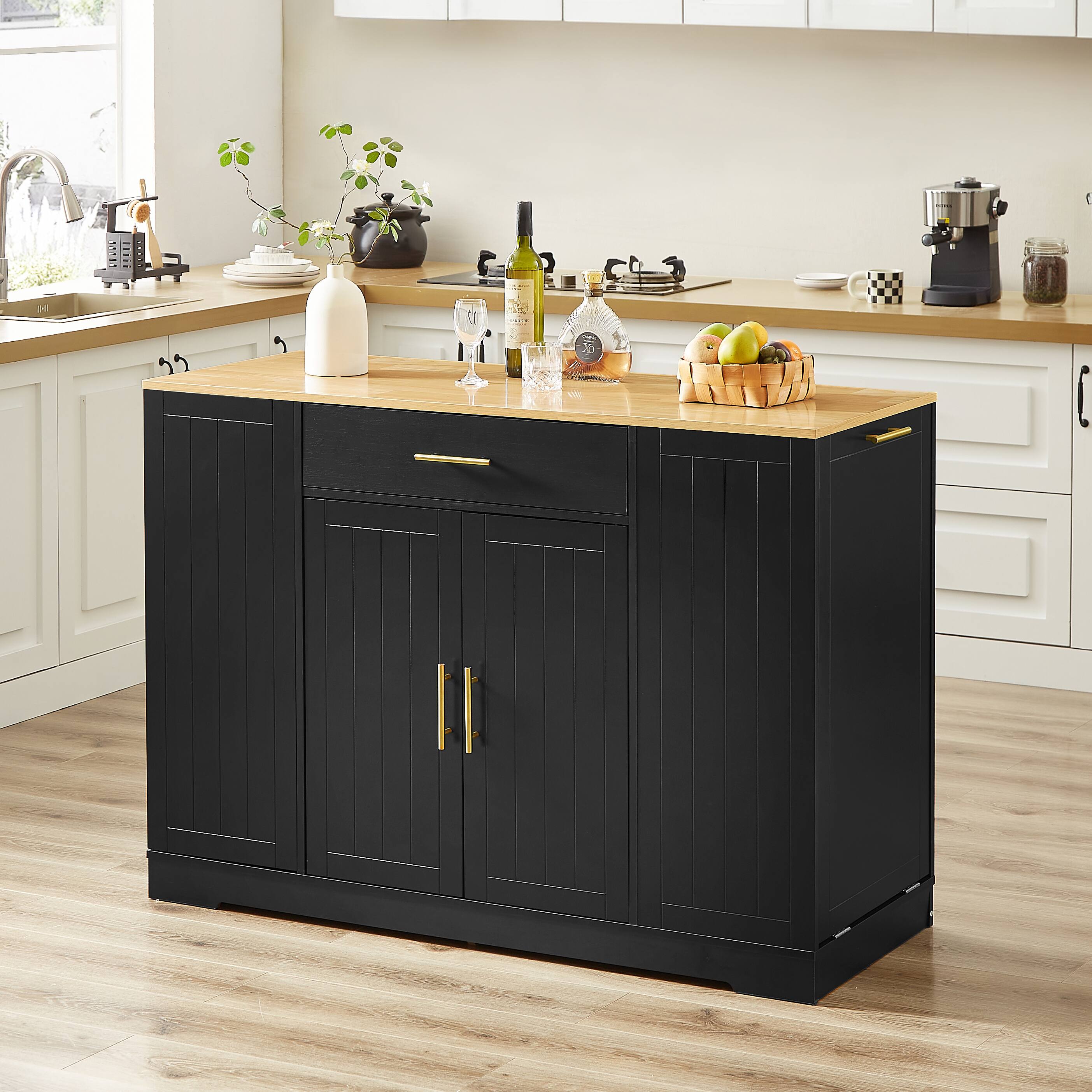 Alt View 4. SlickBlue - Large Wood Kitchen Island with Trash Bin Storage, Drawer, and Breakfast Bar for 13-Gallon Garbage Can - Black.
