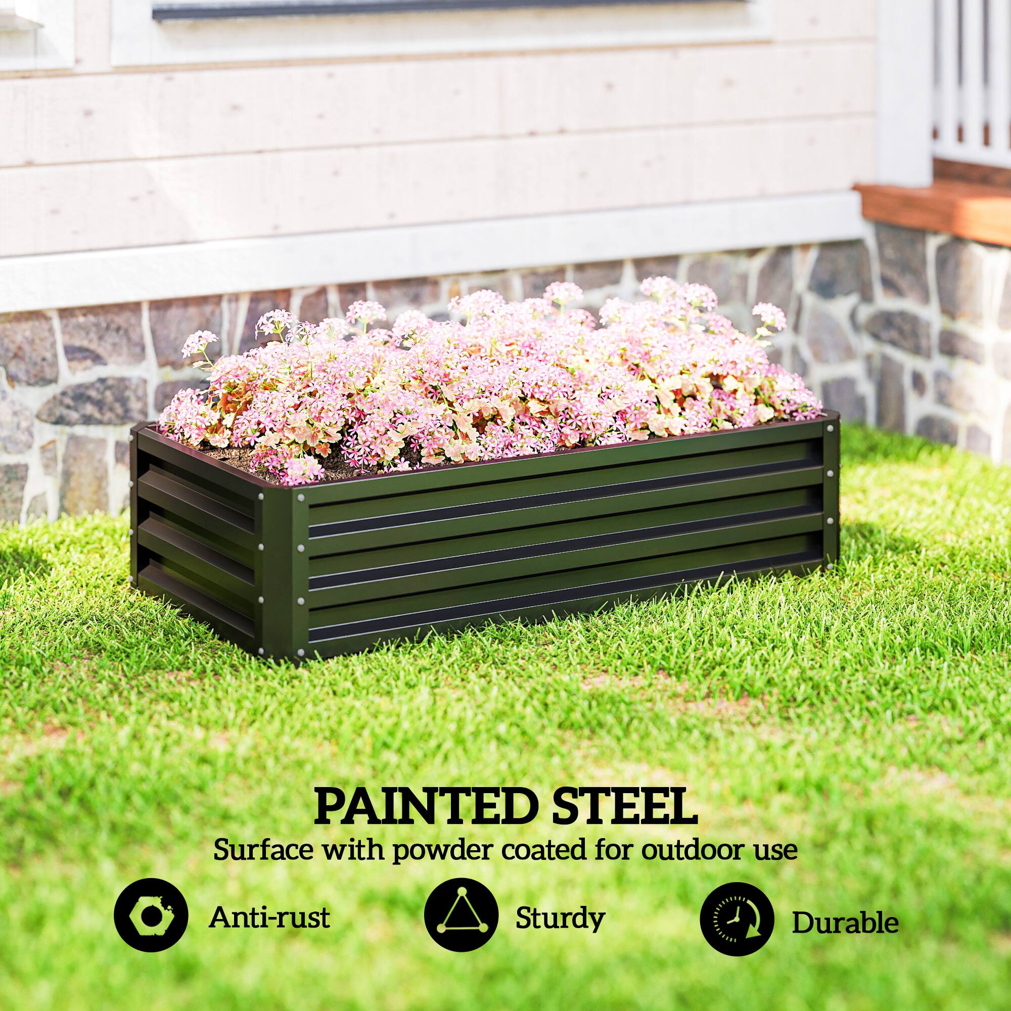 PAINTED STEEL  
Surface with powder coated for outdoor use  
Anti-rust  
Sturdy  
Durable