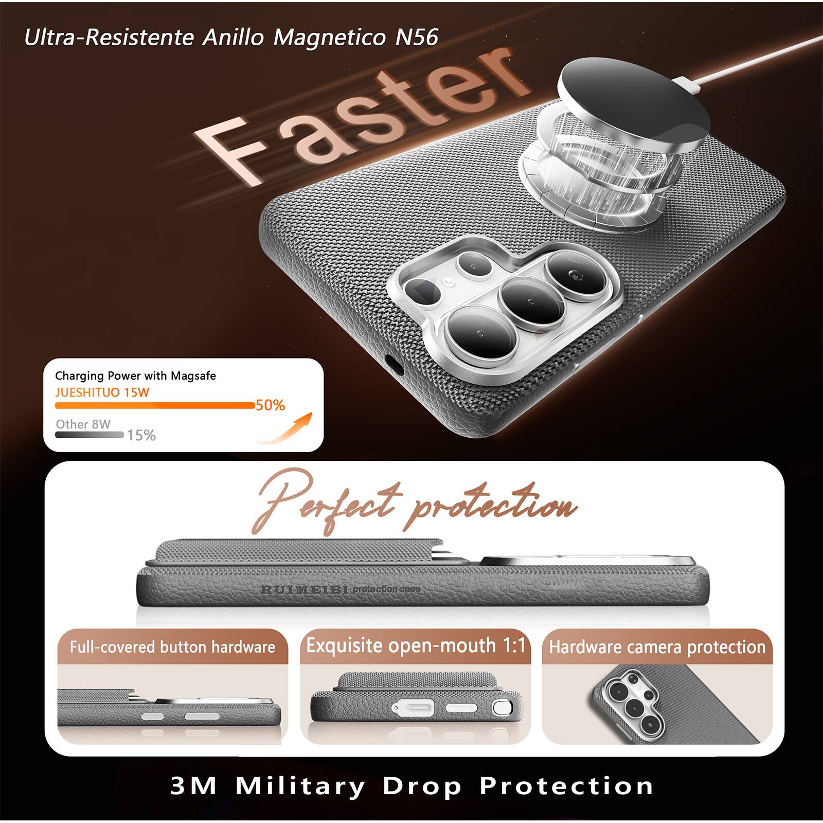 Ultra-Resistente Anillo Magnético N56  
Faster Charging Power with Magsafe  
JUESHITUO 15W 50%  
Other 8W 15%  

Perfect Protection  
Full-covered button hardware  
Exquisite open-mouth 1:1  
Hardware camera protection  

3M Military Drop Protection
