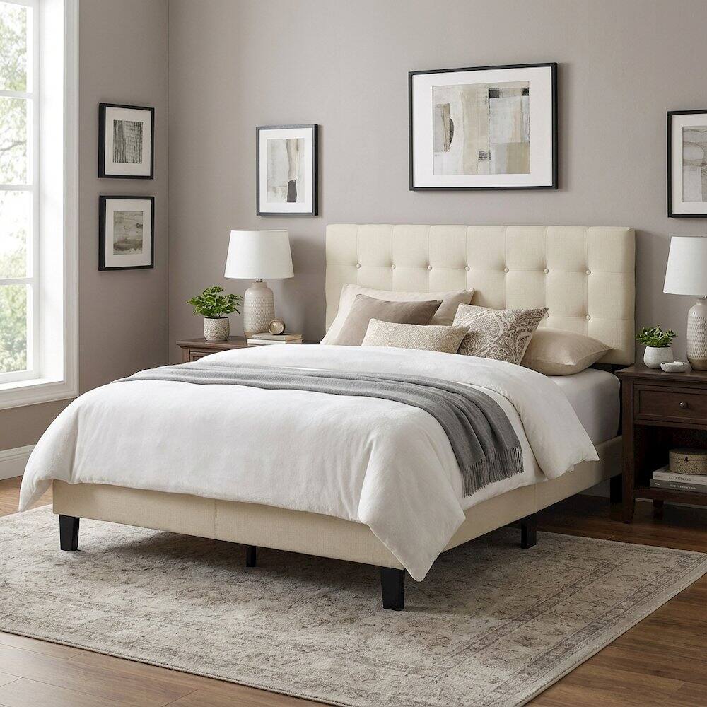 Left. FurniFact - Upholstered Fabric Full Headboard in Neutral Tone with Durable Construction - Beige.