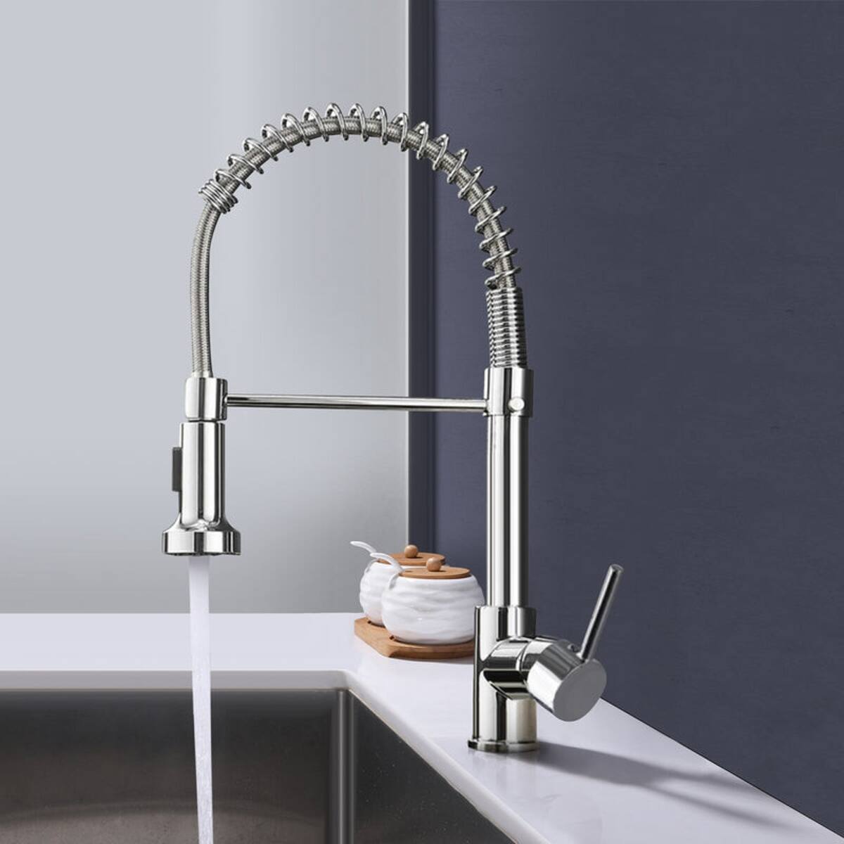 Back. Ropilly - Ropilly Single Handle Pull Down Kitchen Faucet Spring Design Chrome Finish - Chrome.