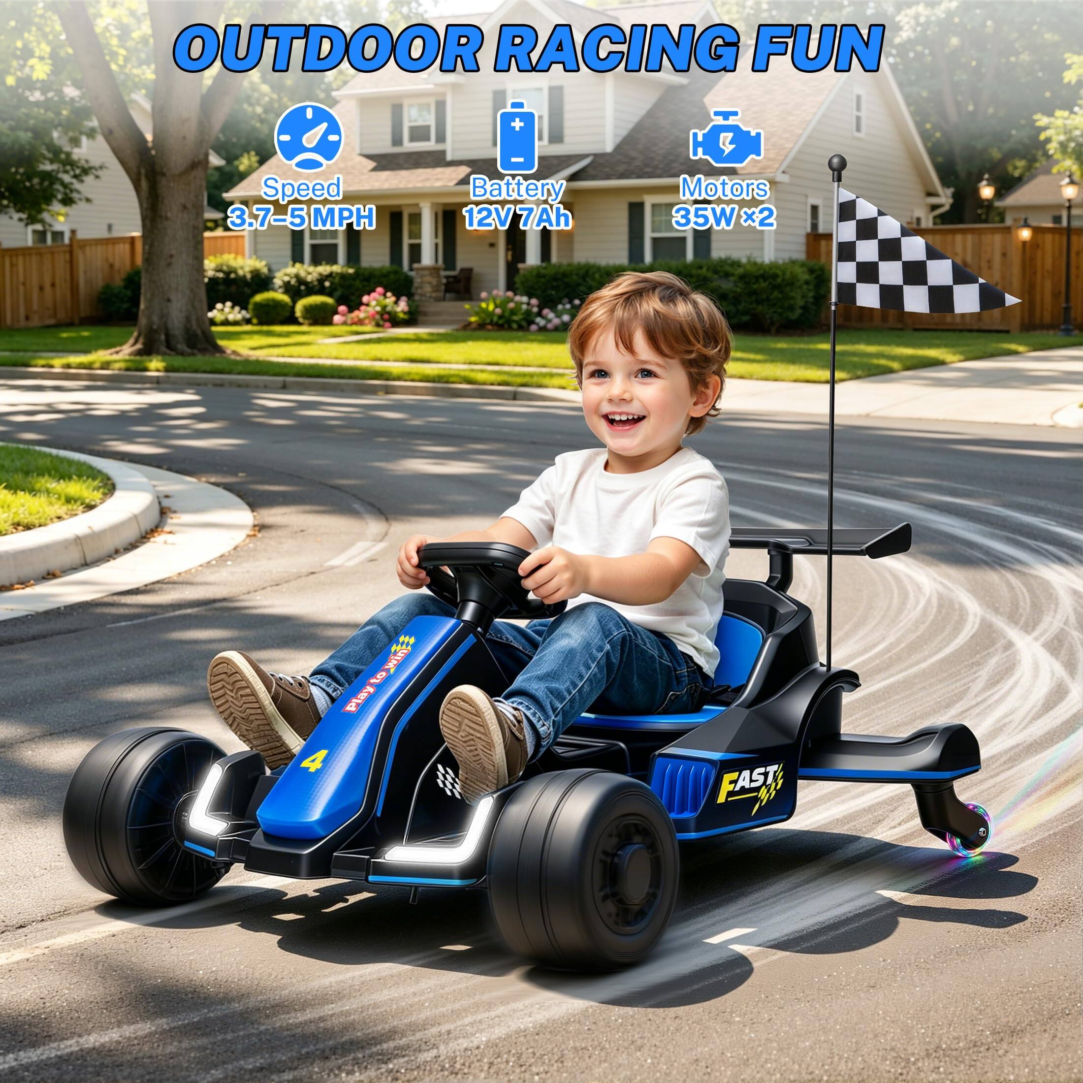 OUTDOOR RACING FUN

Speed 3.7-5 MPH
Battery 12V7Ah
Motors 35Wx2
Play to towing 4
FAST