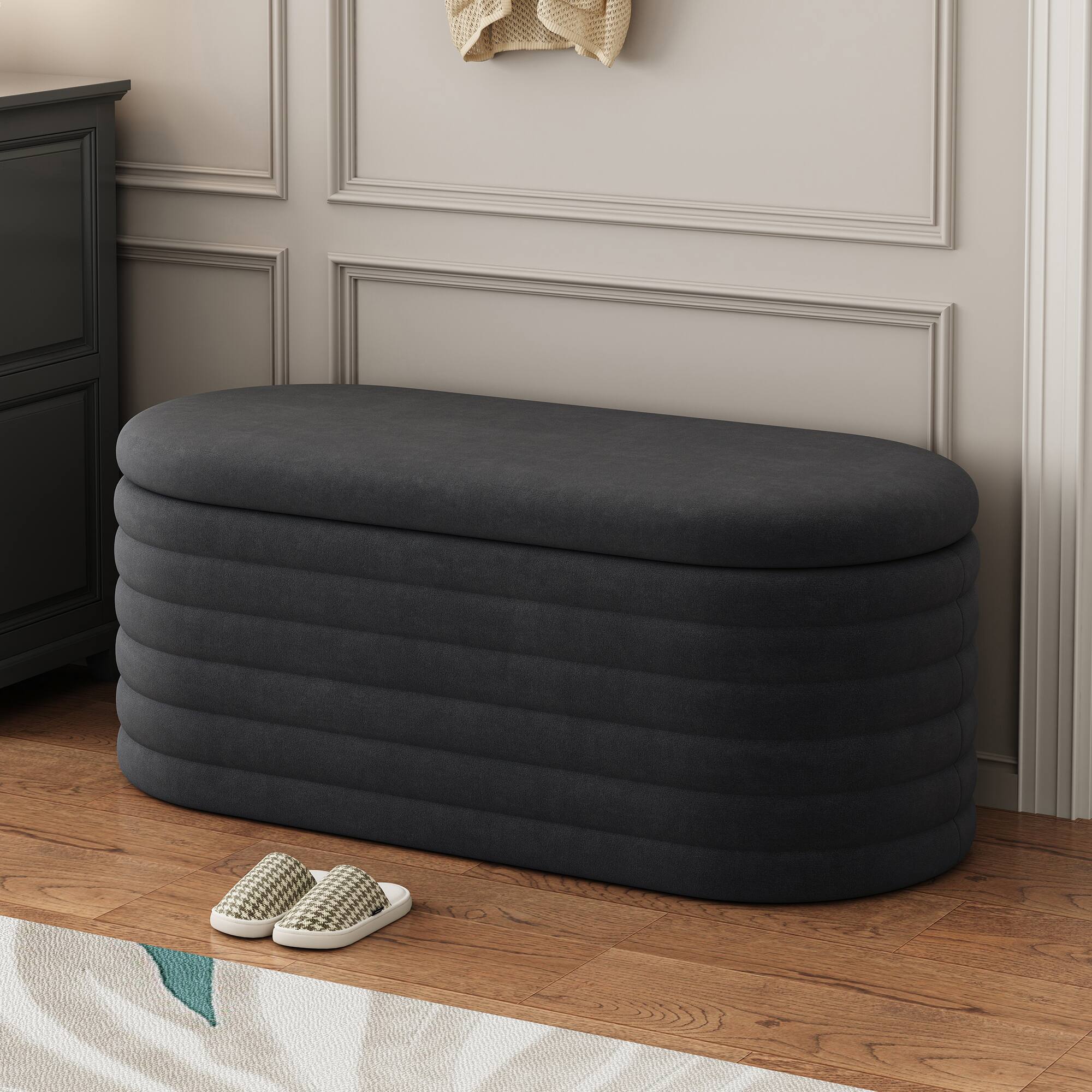Left. GOODSILO - Upholstered Fabric Storage Ottoman Bench with Safety Hinge - Multi-Functional Footrest and Seating Solution - Black.