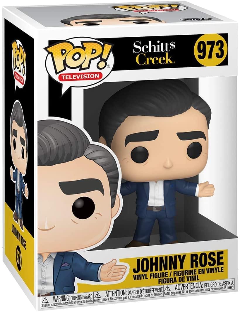 Sure, here is the corrected and grouped text from the image:

---

**Top Left:**
- POP! TELEVISION

**Top Center:**
- POP! TELEVISION
- Schitt's Creek
- 973

**Top Right:**
- Frank's

**Middle Left:**
- JOHNNY ROSE
- 973

**Middle Center:**
- JOHNNY ROSE
- VINYL FIGURE / FIGURINE EN VINYLE
- FIGURA DE VINIL

**Bottom Center:**
- WARNING: CHOKING HAZARD. Small parts. Not suitable for children under 36 months.
- ATTENTION: DANGER D'ÉTOUFFEMENT. Petites pièces. Ne convient pas aux enfants de moins de 36 mois.
- ADVERTENCIA: PEORIGRO DE ASFIXIA. Partes pequeñas. No es adecuado para niños menores de 36 meses.

**Bottom Left:**
- (Warning symbol)