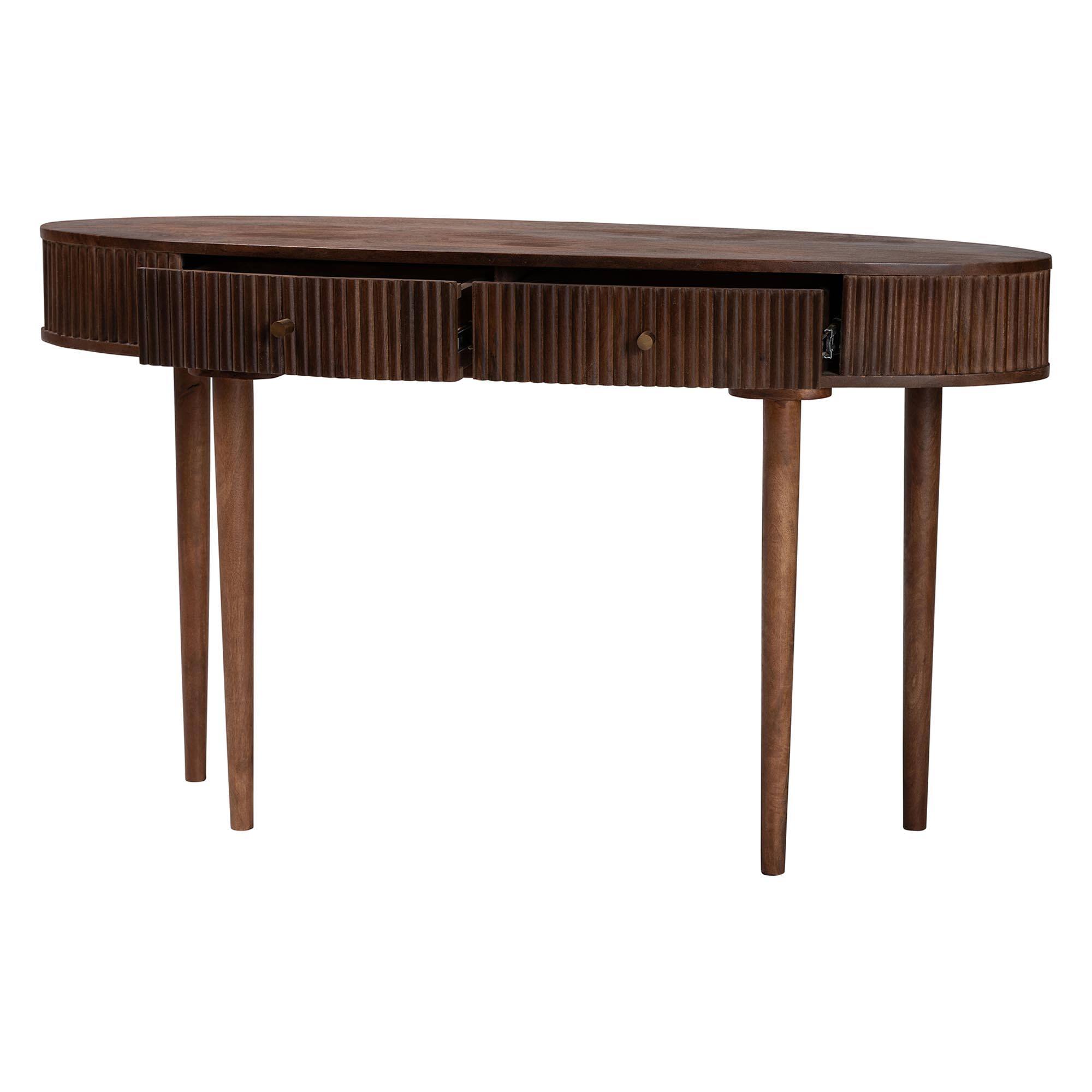 Angle. Baxton Studio - Linore Fluted Wood Console Table - 2-Drawer Oval Accent Table for Living Room or Entryway - Dark Walnut Brown.