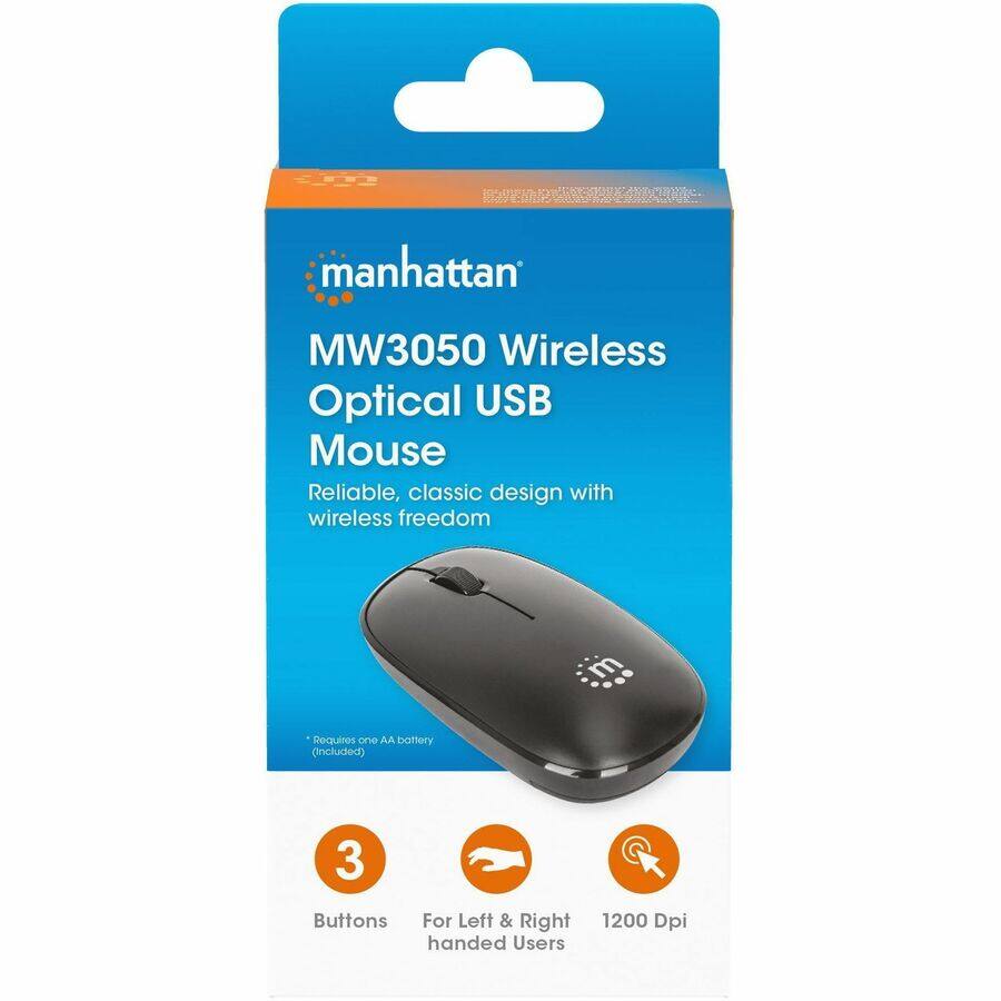 manhattan MW3050 Wireless Optical USB Mouse  
Reliable, classic design with wireless freedom  
Requires one AA battery (Included)  
3 Buttons  
For Left & Right handed Users  
1200 Dpi