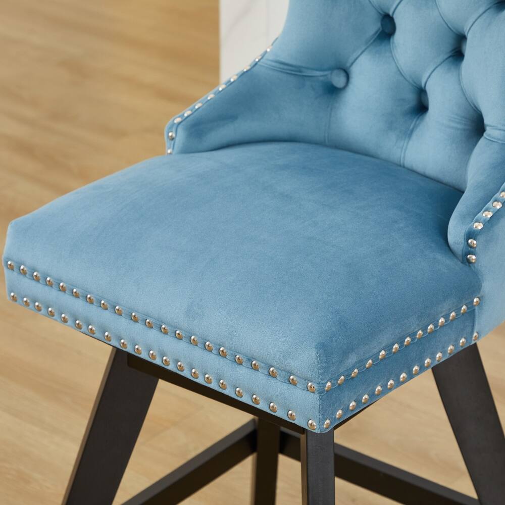 Alt View 8. Loheer - Loheer Swivel Velvet Barstools Set of 2 Light Blue Button Tufted Bar Chairs Wooden Legs Chrome Nailhead Trim - Light Blue.