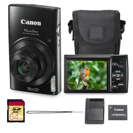 Canon PowerShot ELPH 190 IS
Canon Zoom Lens 10x IS 4.3-43.0mm 1:3.0-6.9
10x Optical Zoom
Canon Battery Pack NB-11L
64GB SDXC Memory Card